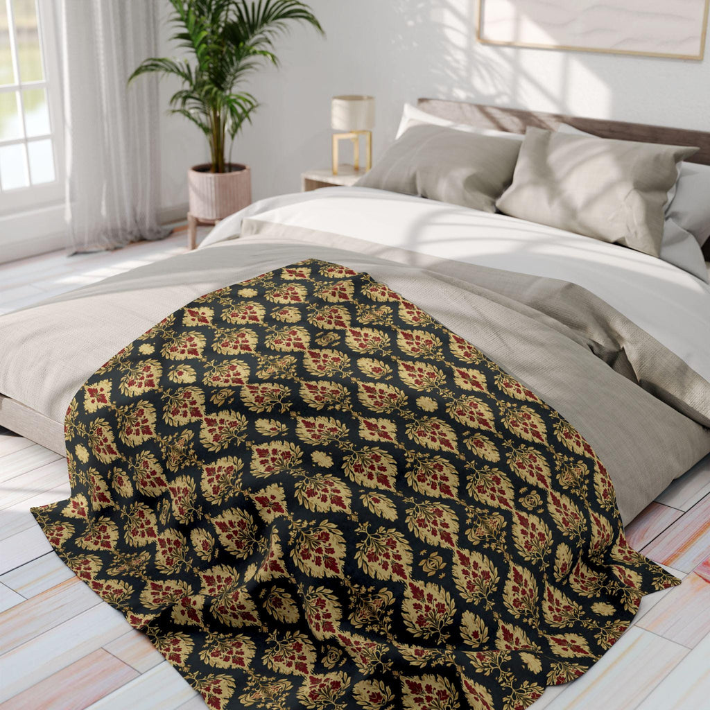 Ikat Fleece Throw Blanket, Red Green Gold Christmas Home Decor
