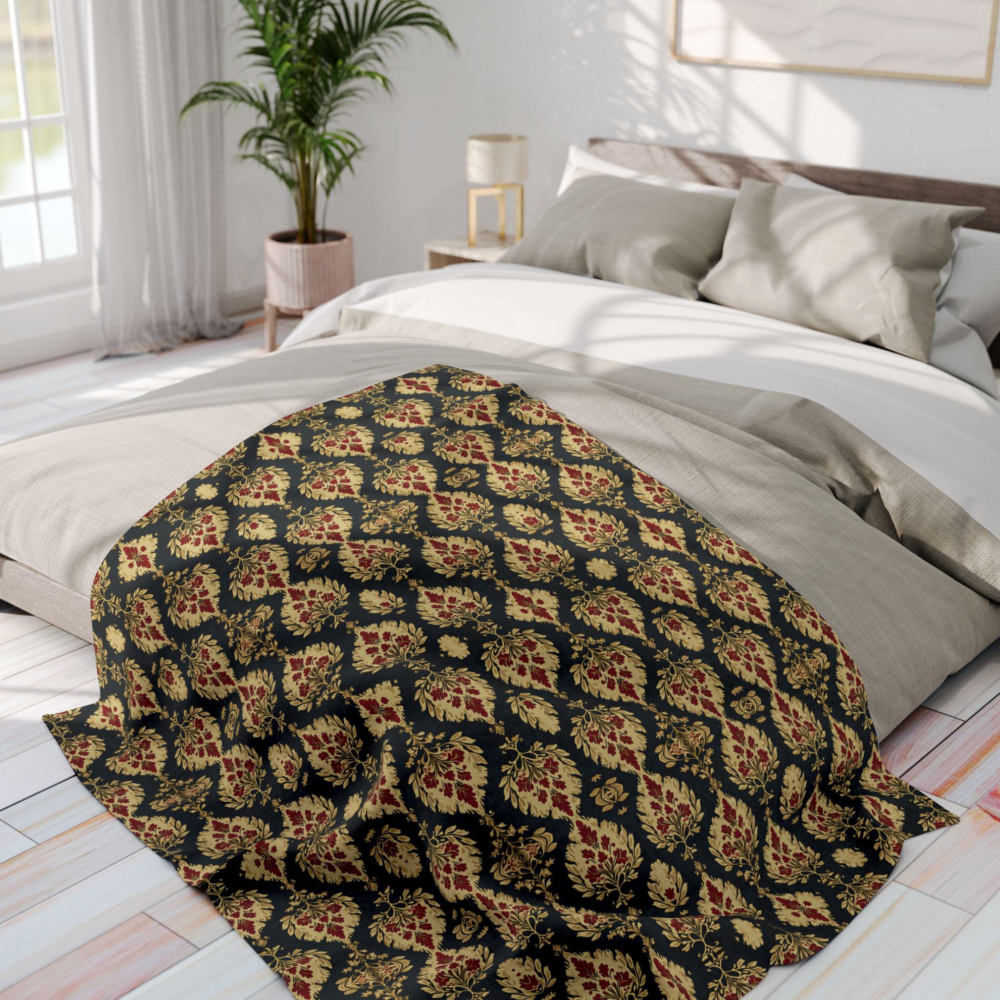 Ikat Fleece Throw Blanket, Red Green Gold Christmas Home Decor
