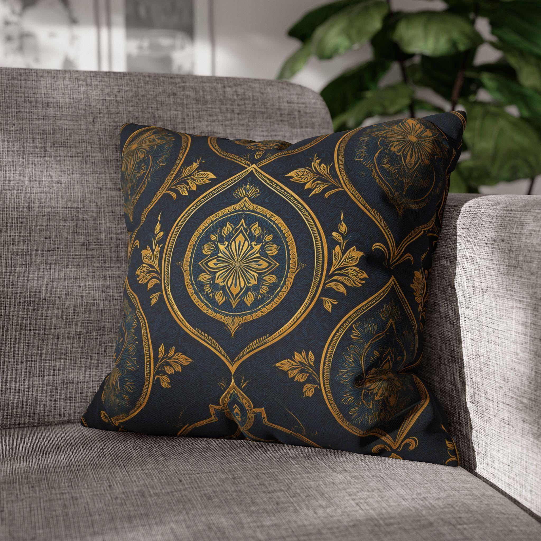 Navy & Gold Damask Pillow Cover: Vintage Style Floral Medallion Cushion
