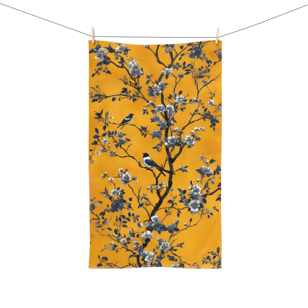Chinoiserie Blue Birds Hand Towel: Golden Yellow Floral Botanical Bathroom Accent Asian Inspired
