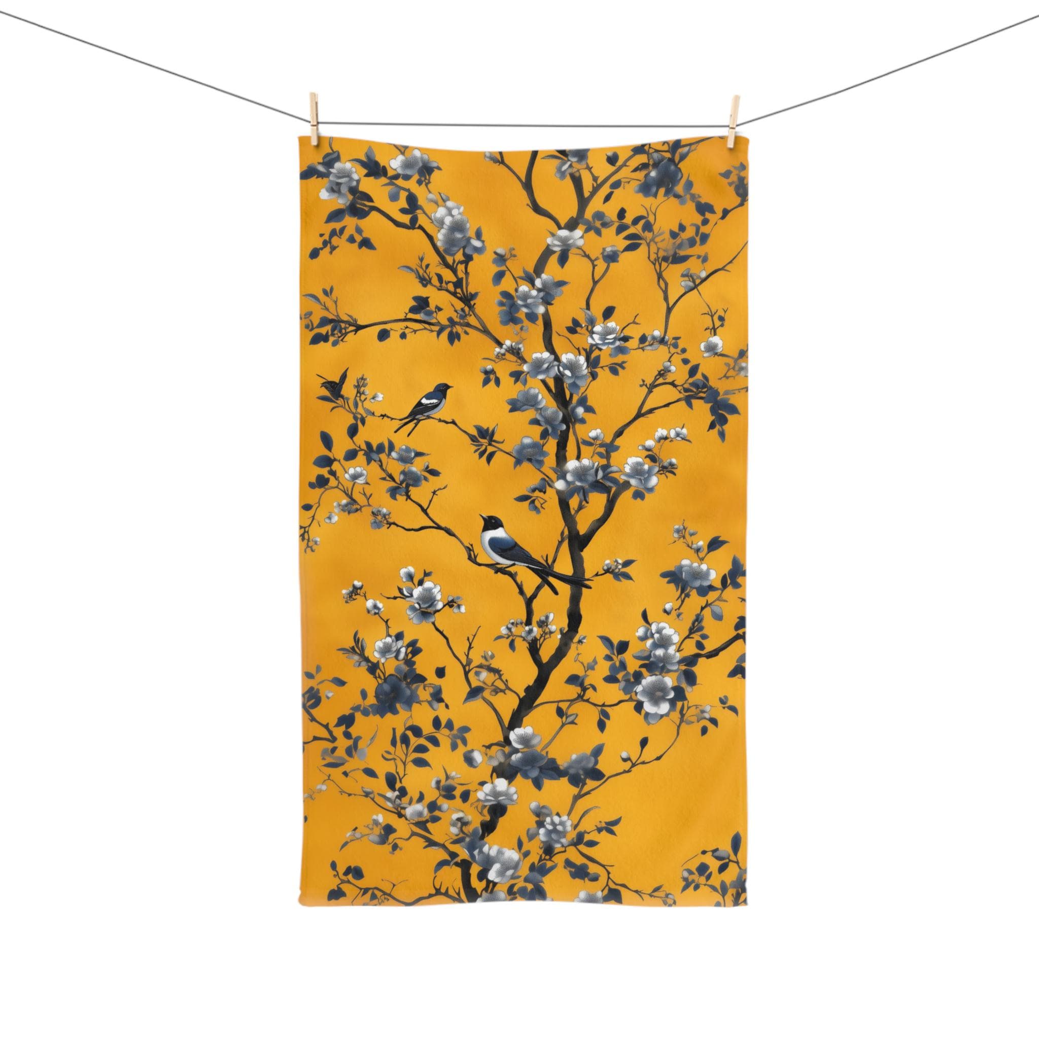 Chinoiserie Blue Birds Hand Towel: Golden Yellow Floral Botanical Bathroom Accent Asian Inspired