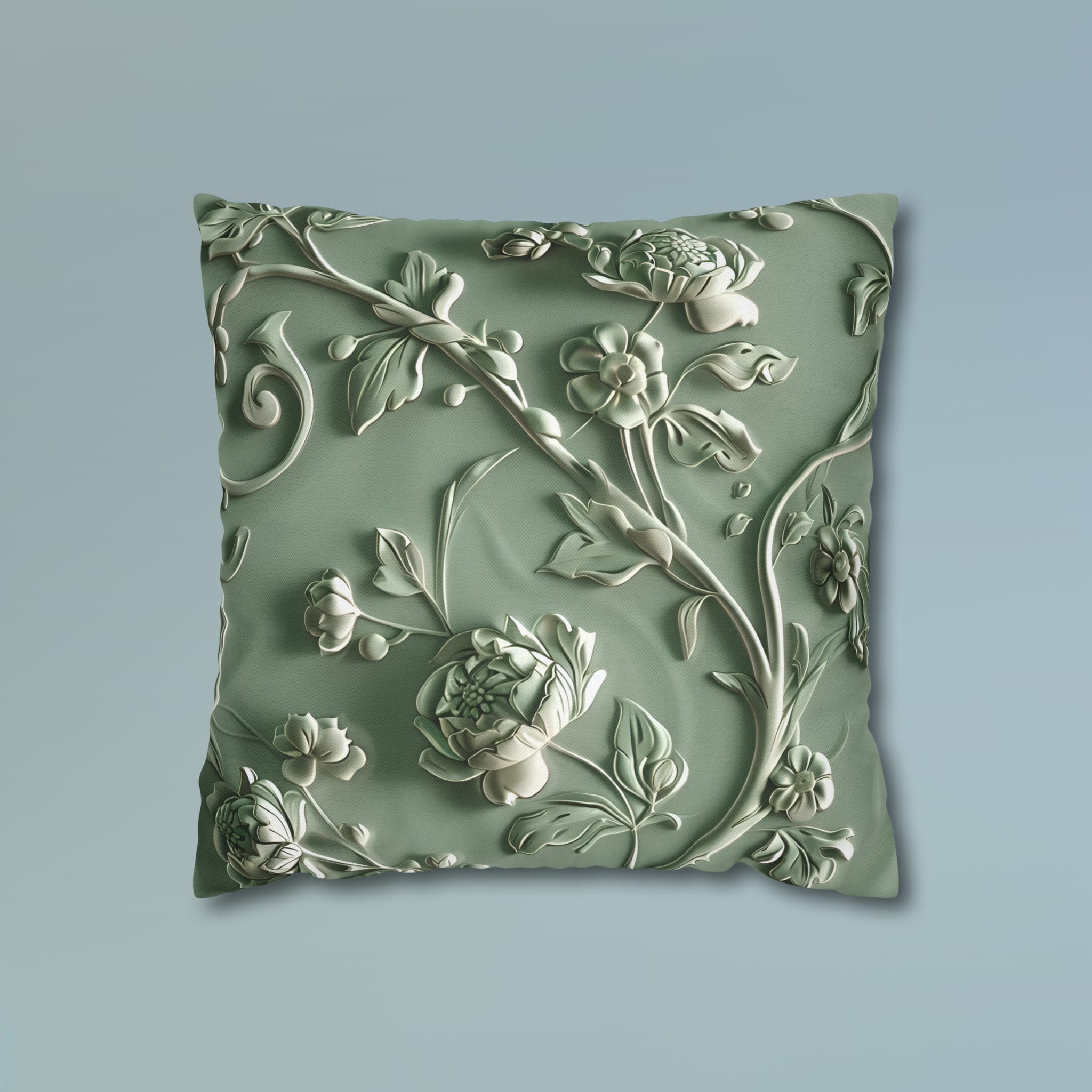 Elegant Chinoiserie Floral Pillow Cover: Sage & Teal Monochromatic Sculpted Botanical Cushion Case