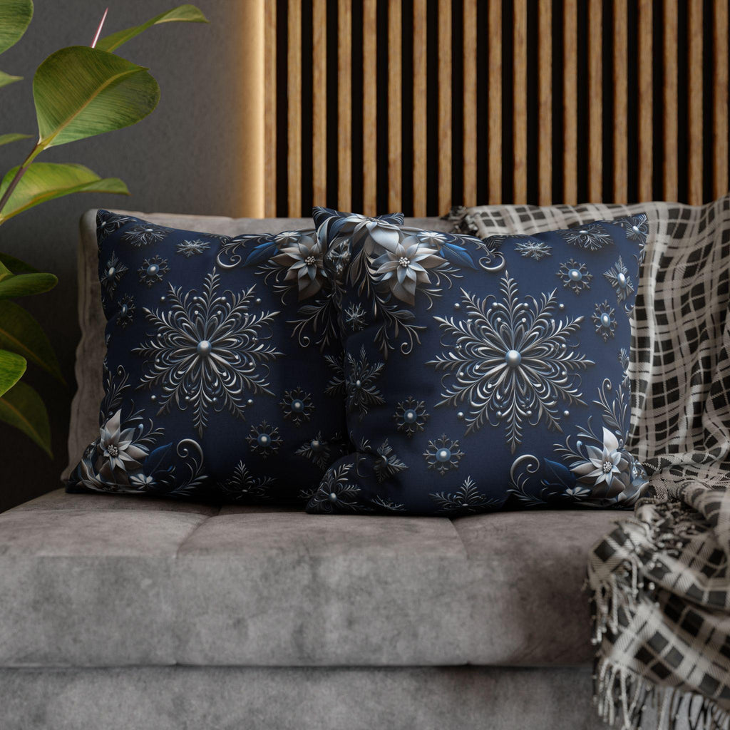 Winter Blue Silver Poinsettia Snowflake Pillowcase, Holiday Decor Square Throw Pillow Cover