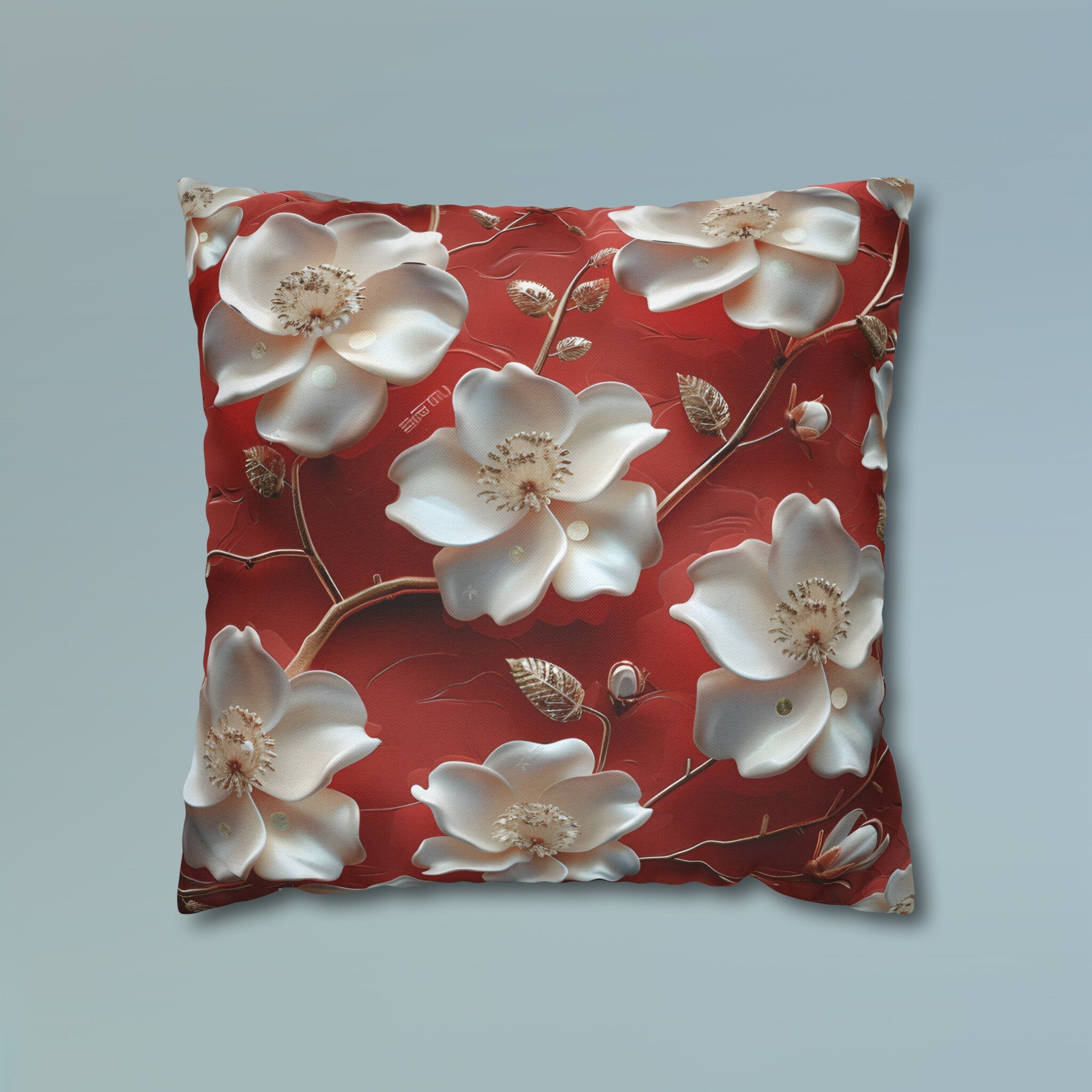 Romantic Berry & White Floral Pillow Cover with Golden Centers - Elegant Cushion for Home Decor