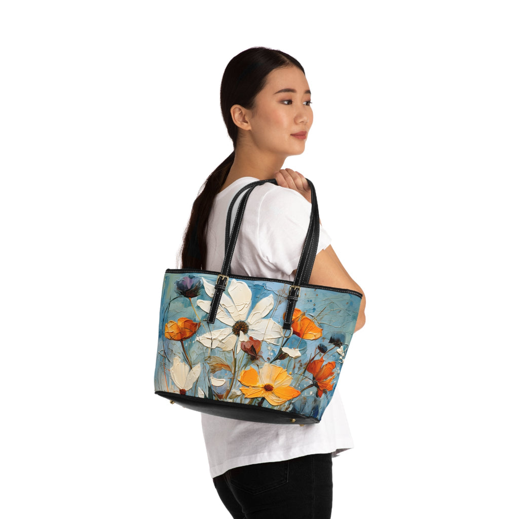 Wildflower Oil Painting Style Shoulder Bag: Oversized Vegan Leather Tote