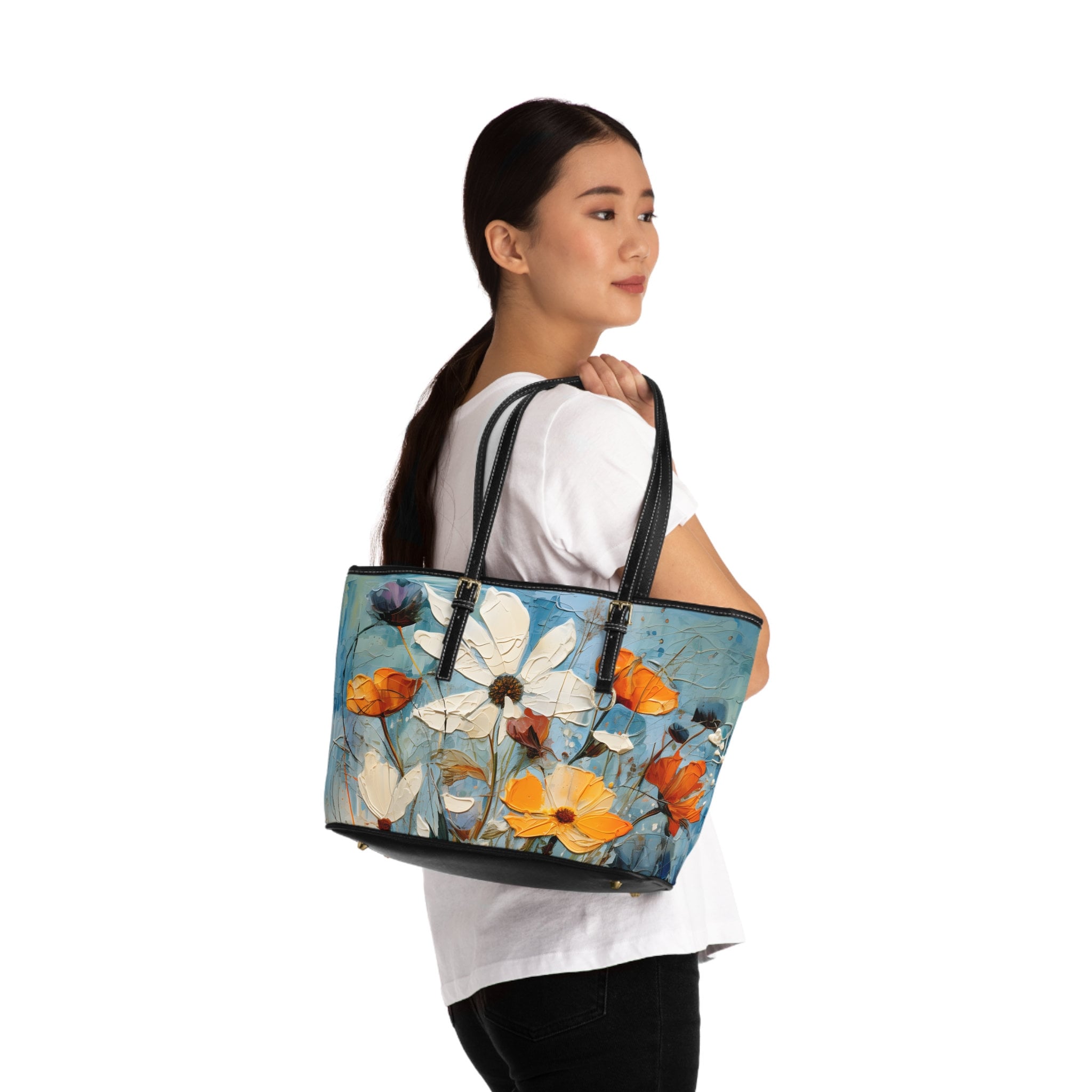 Wildflower Oil Painting Style Shoulder Bag: Oversized Vegan Leather Tote