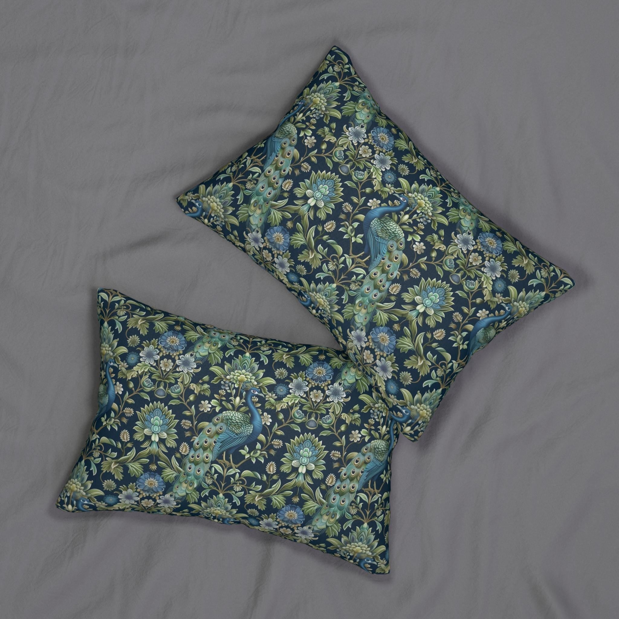 Peacock Lumbar Pillow: Navy Blue, Green, and Cream Floral Design