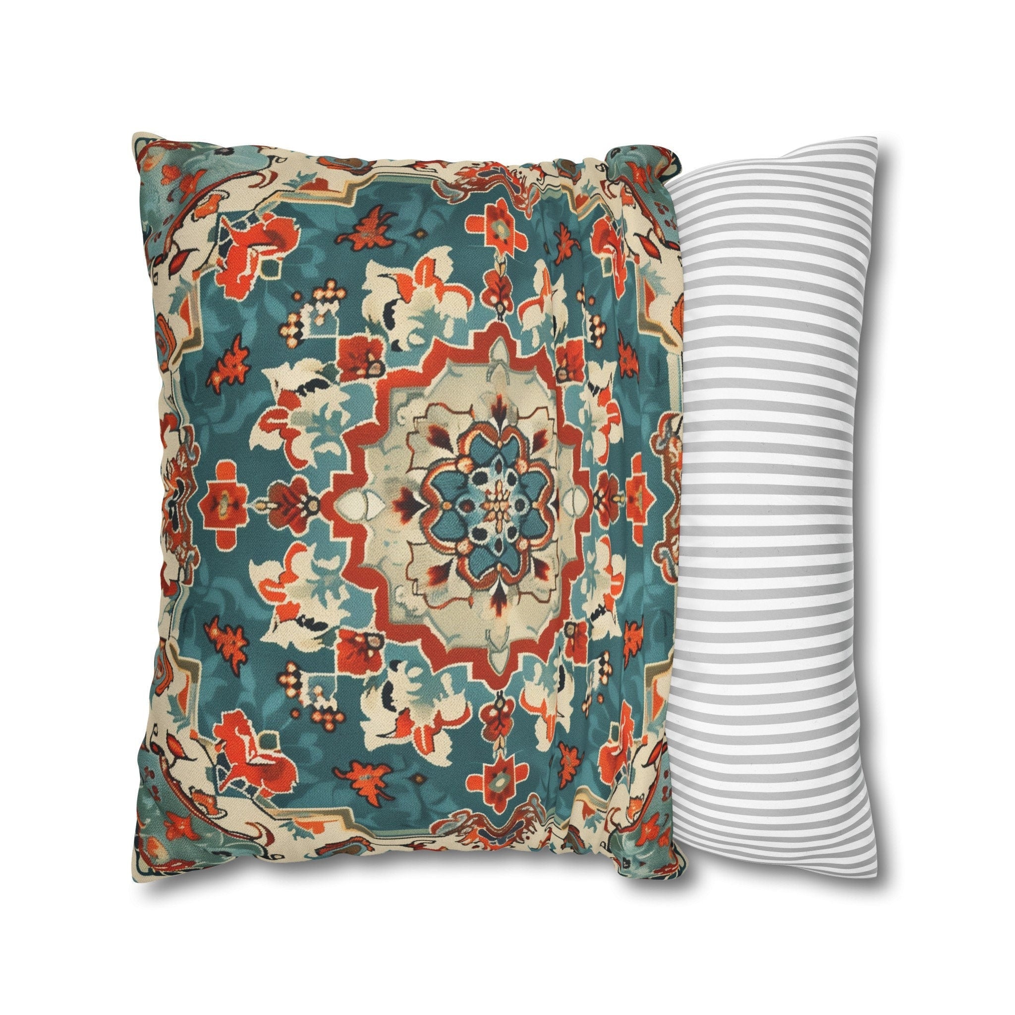 Traditional Turkish Kilim-Inspired Pillow Cover: Vibrant Teal Medallion Design Square Cushion