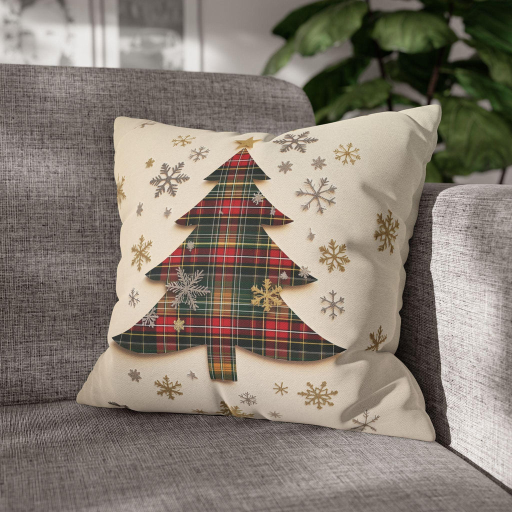 Tartan Christmas Tree Pillow Cover: Rustic Plaid Holiday Cushion Case