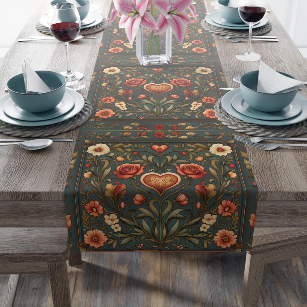 William Morris Inspired Hearts & Flowers Table Runner: Romantic Botanical Valentine's Day Decor