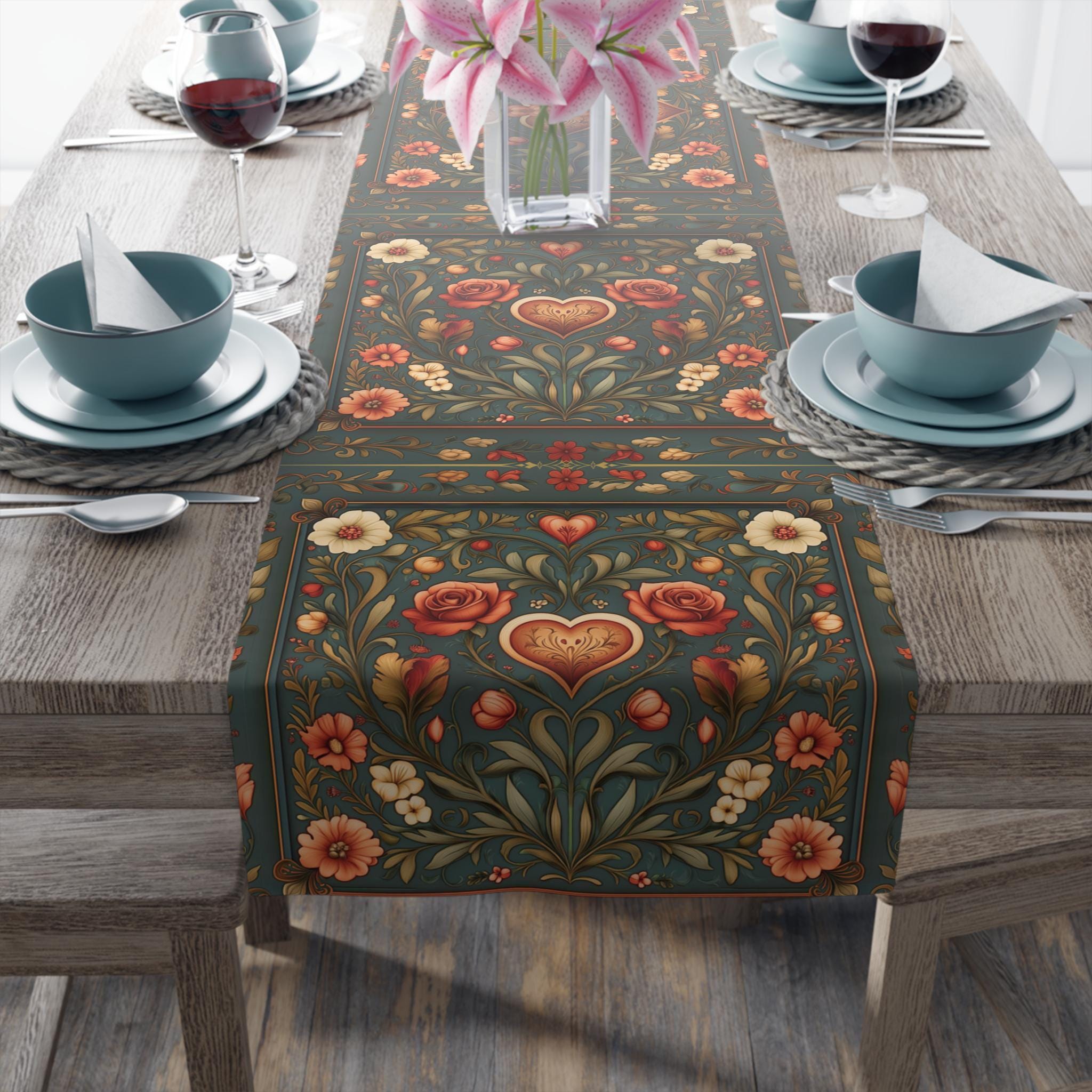 William Morris Inspired Hearts & Flowers Table Runner: Romantic Botanical Valentine's Day Decor