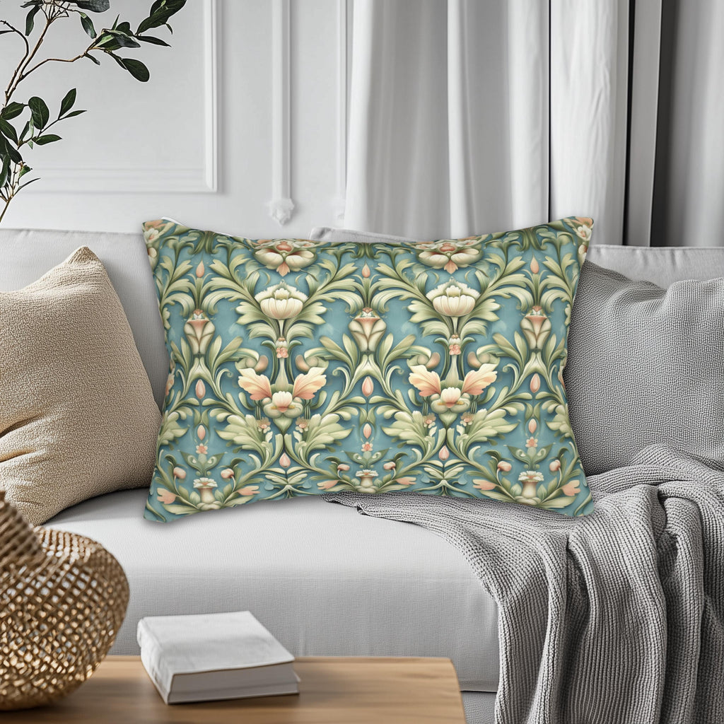William Morris Lumbar Pillow: Teal Botanical Floral Cushion