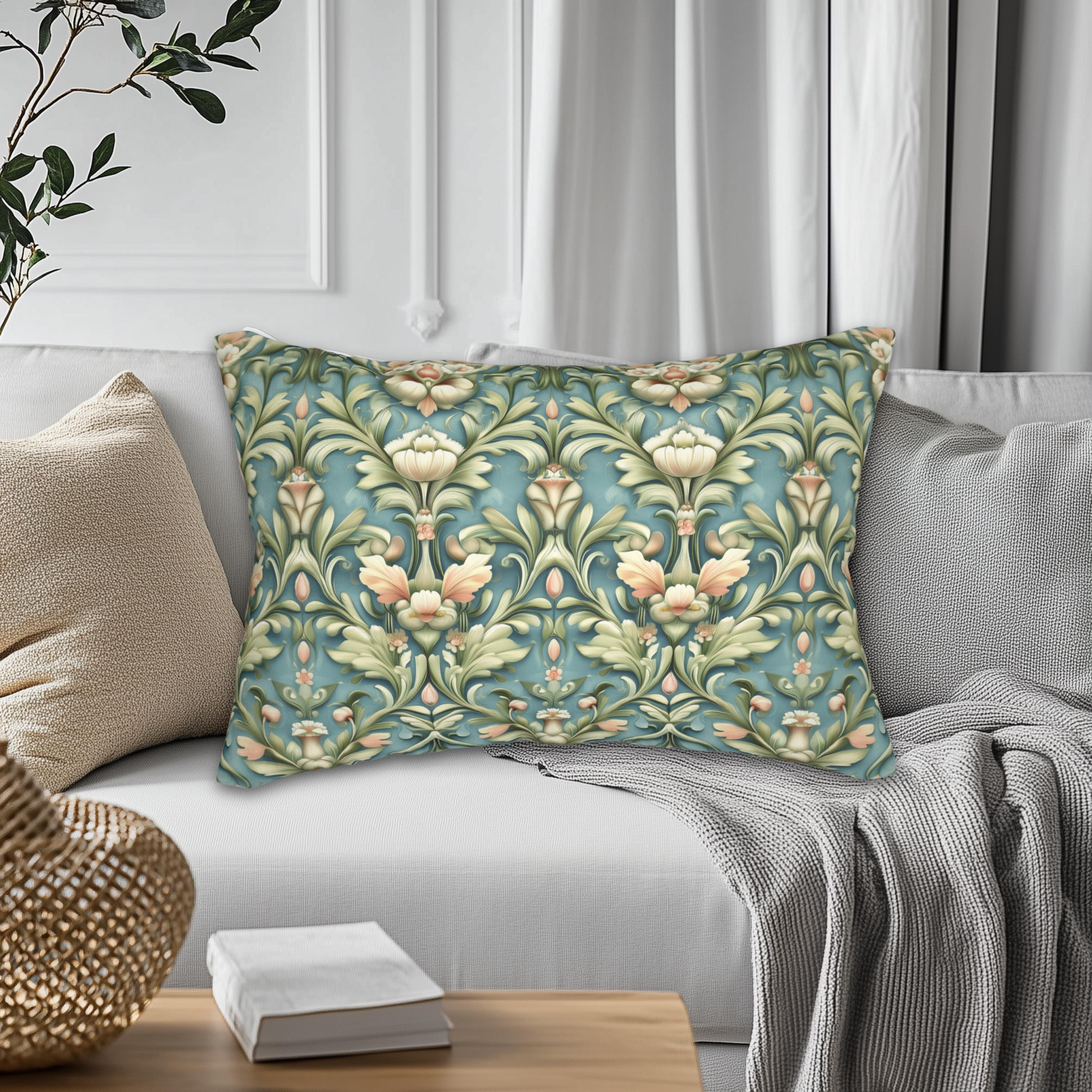 William Morris Lumbar Pillow: Teal Botanical Floral Cushion