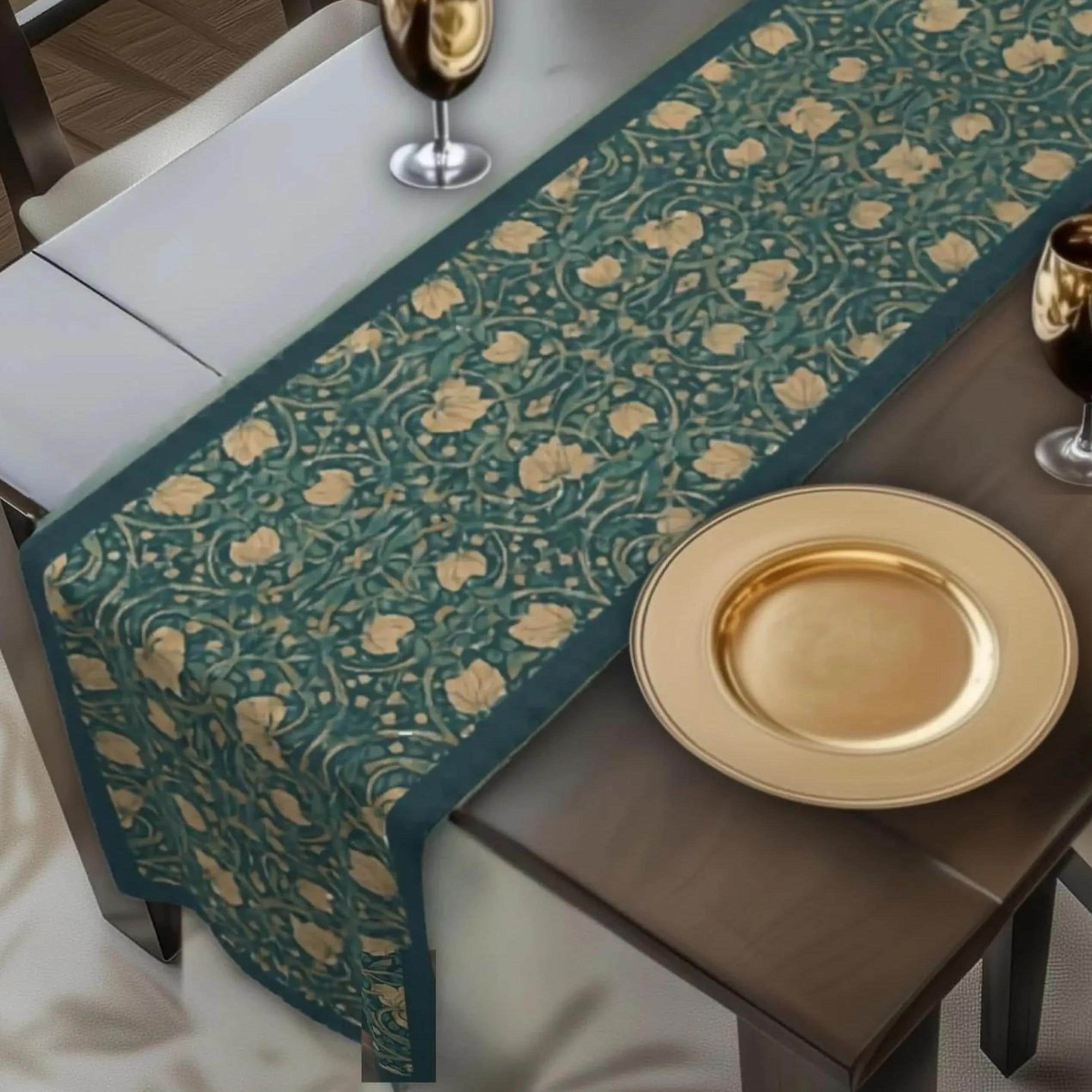 William Morris Midnight Teal Champagne Table Runner: Vintage Pimpernel Reconstructed