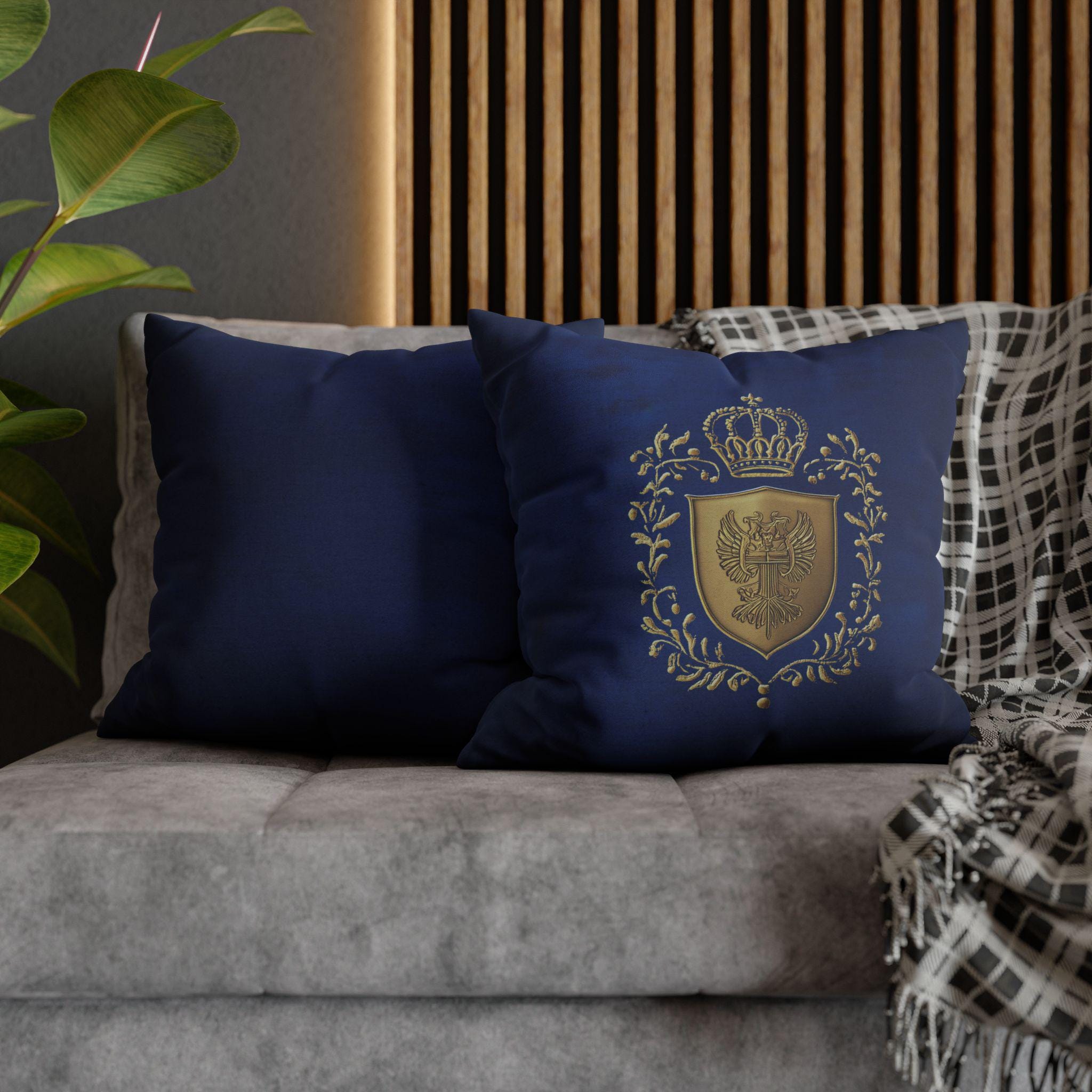 Royal Coat of Arms Pillowcase - Regal Golden Emblem on Royal Blue , Elegant Luxury Decor