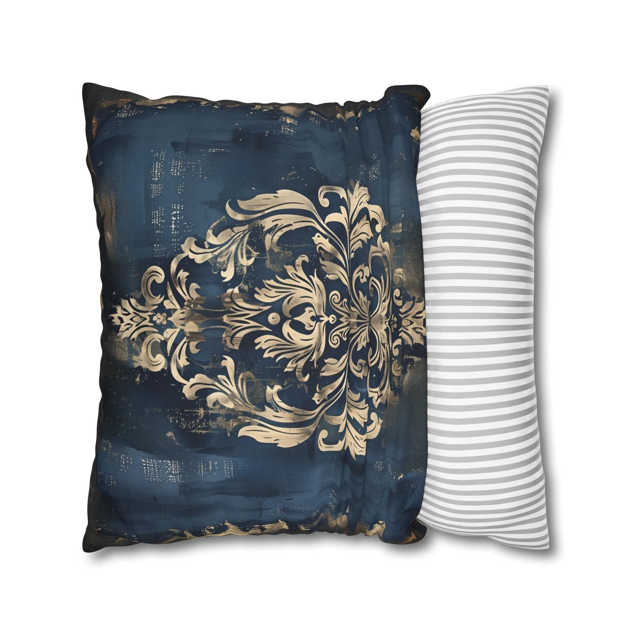 Navy Blue Damask Throw Pillow Cover: Vintage Style Gold Accent