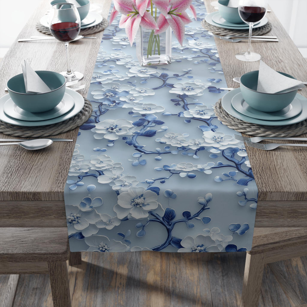 Chinoiserie Table Runner | Blue & White Cherry Blossoms | Elegant Floral Design