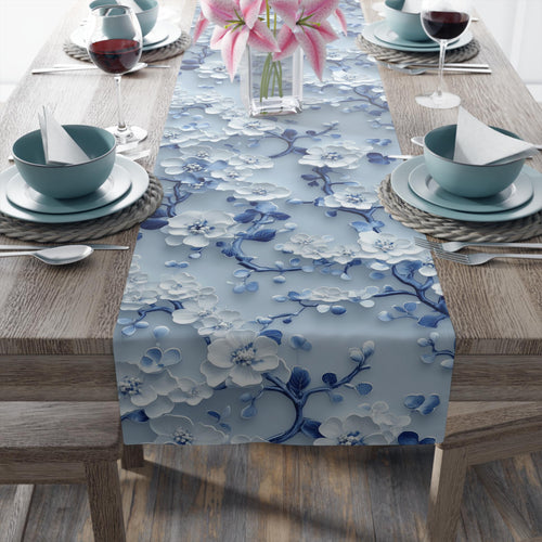 Chinoiserie Table Runner | Blue & White Cherry Blossoms | Elegant Floral Design
