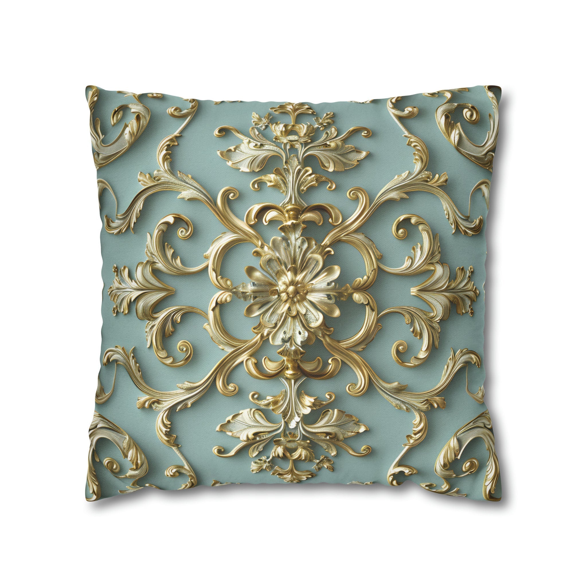 Luxurious Italian Rococo Pillow Cover: Gold Scrollwork on Soft Blue, Classical Ornate Design