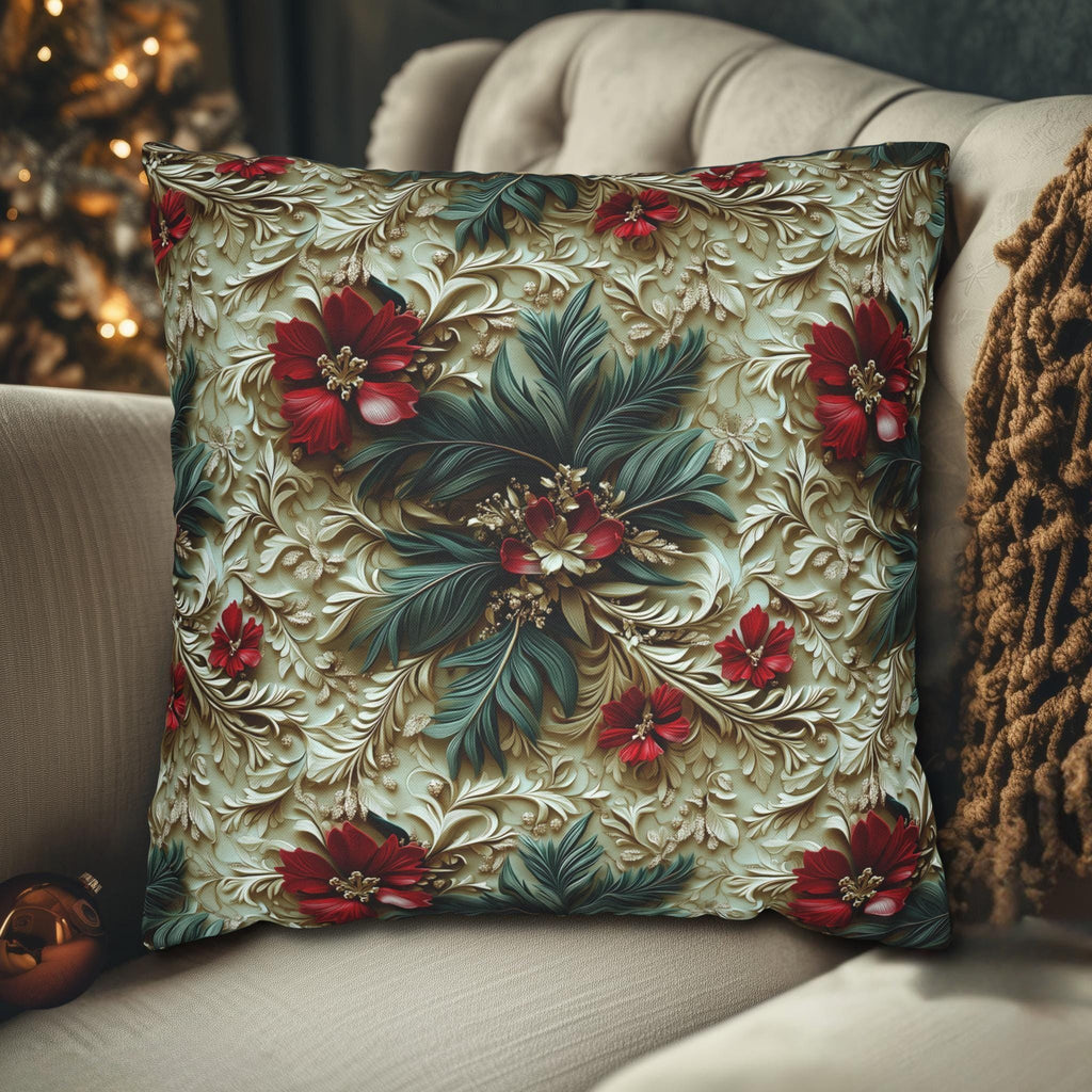 Elegant Christmas Poinsettia Pillowcase: Luxurious Floral Holiday Decor with Beige Background