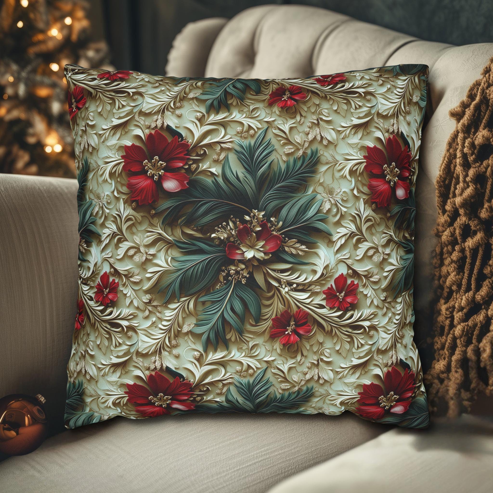 Elegant Christmas Poinsettia Pillowcase: Luxurious Floral Holiday Decor with Beige Background