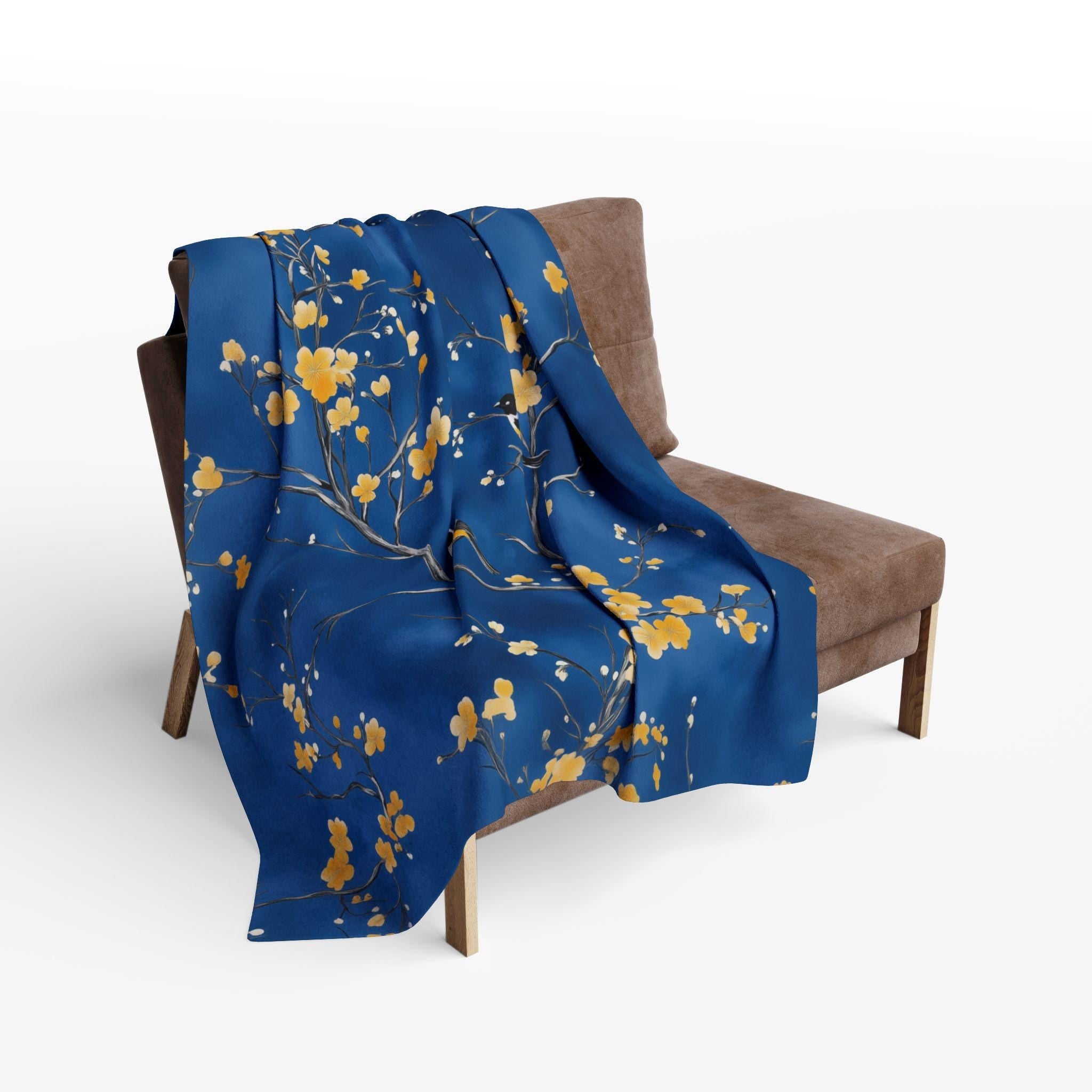 Royal Blue Chinoiserie Throw Blanket: Elegant, Asian-Inspired with Yellow Blossoms and Birds
