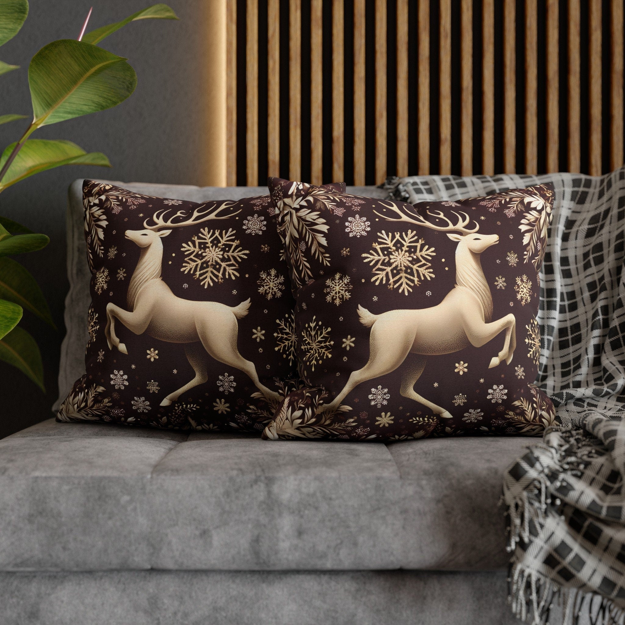 Regal Golden Reindeer Throw Pillow Cover: Burgundy & Gold Christmas Elegance
