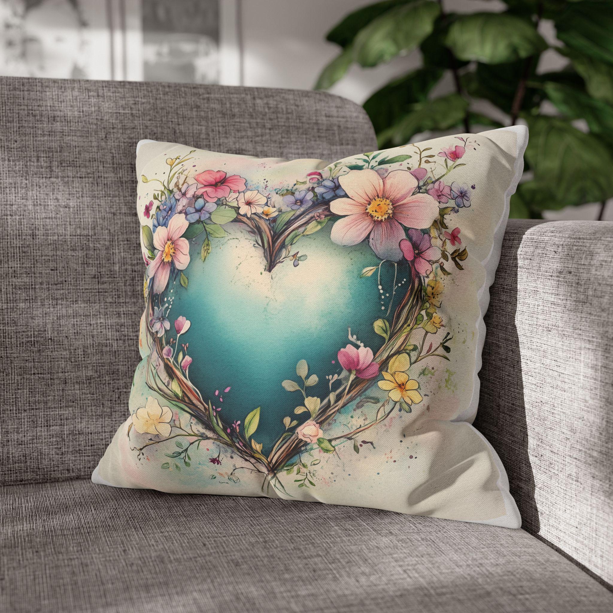 Romantic Floral Heart Wreath Pillowcase: Whimsical Square Cushion Cover for Home Decor & Gifts