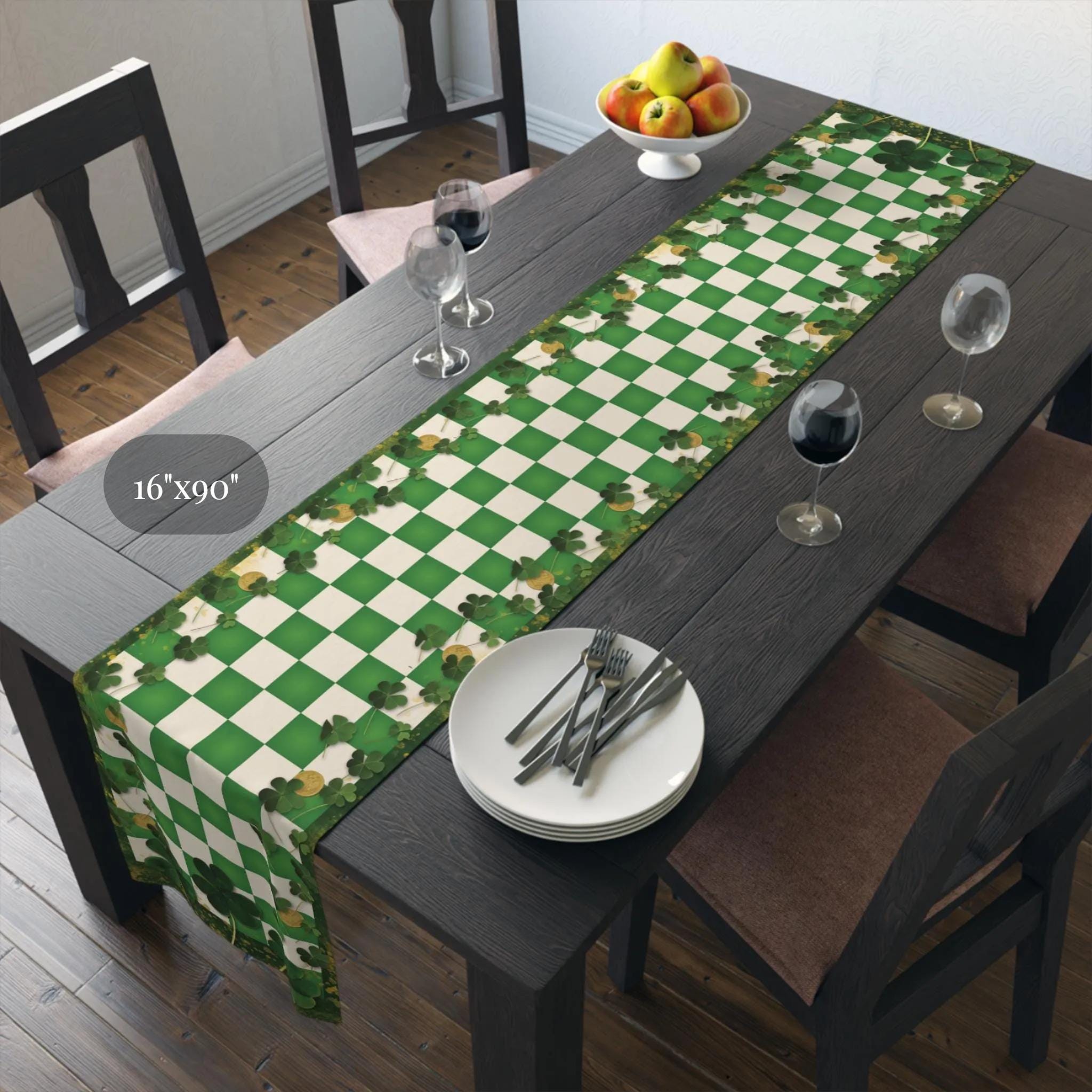 St Patricks Day Shamrock & Gold Coin Checkered Table Runner