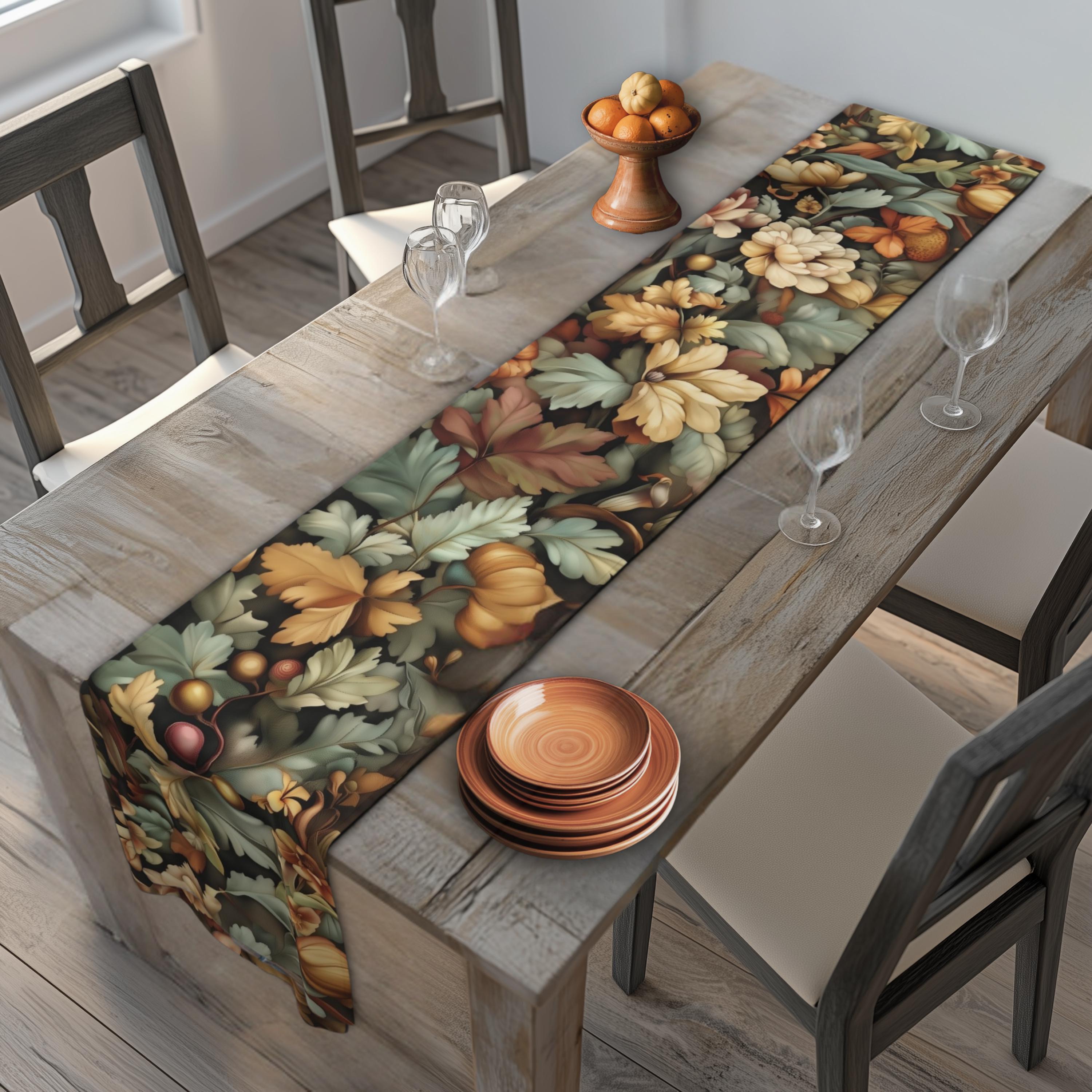 William Morris Inspired Autumn Botanical Table Runner: Charcoal, Sage, and Gold Fall Dining Decor