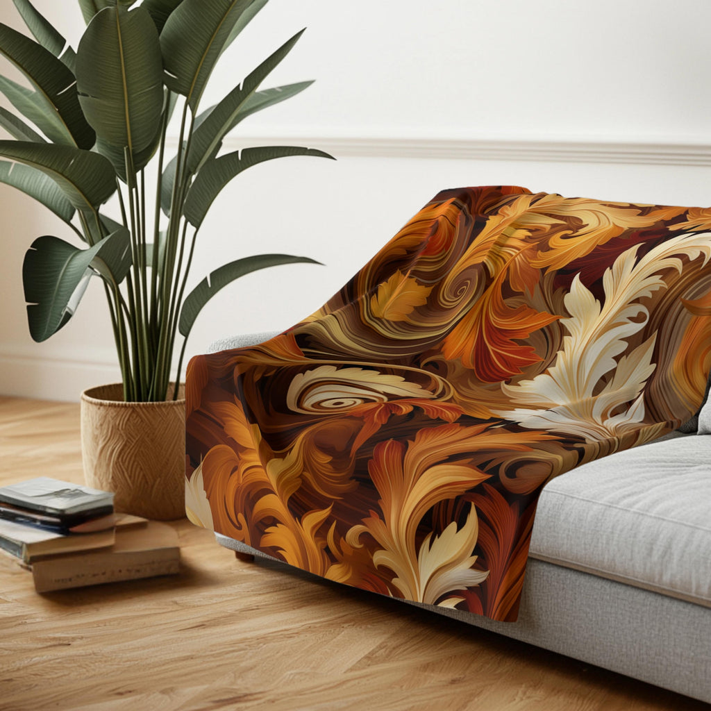 Autumnal Foliage Fleece Blanket: Ornate Swirling Leaves, Cozy Home Decor