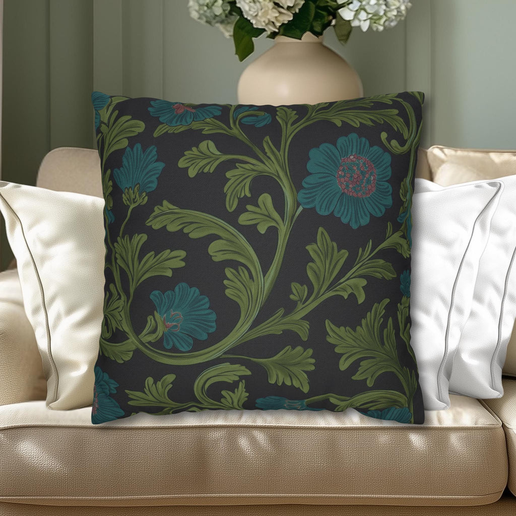 William Morris Pillow Cover: Lodden  Inspired  Charcoal with Olive & Teal Botanicals