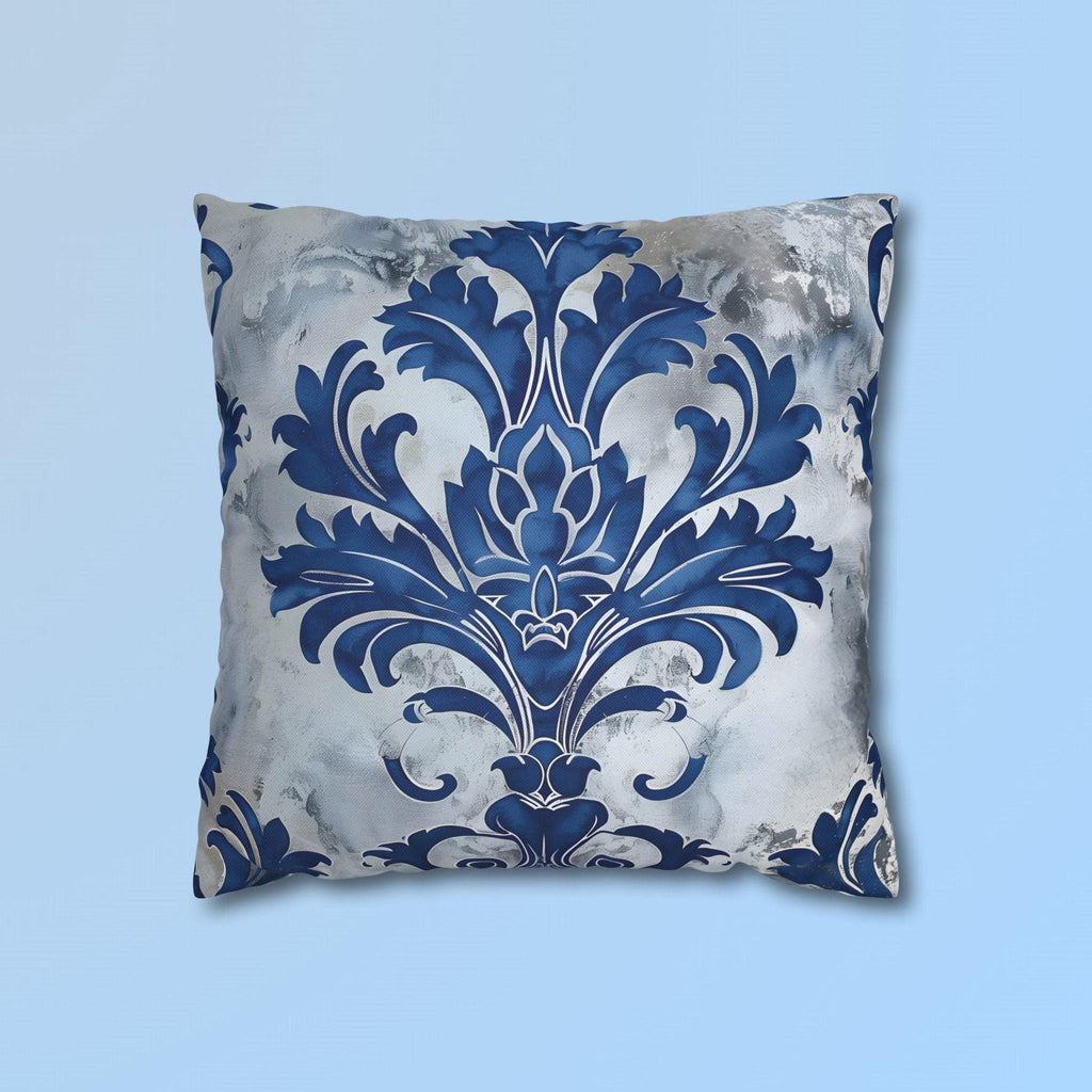 Elegant Royal Blue & Silver Baroque Floral Square Pillow Cover for Upscale Living Room Decor