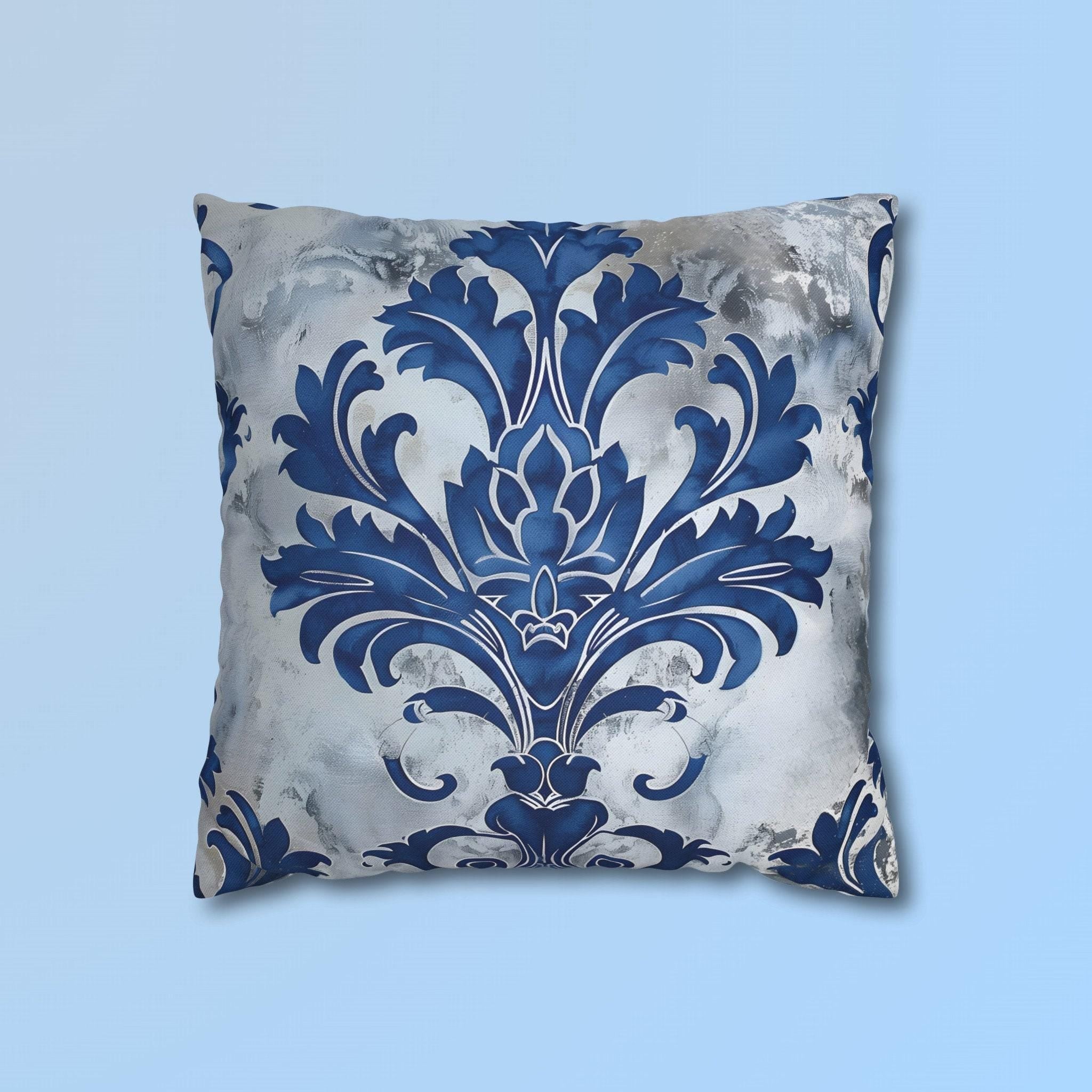 Elegant Royal Blue & Silver Baroque Floral Square Pillow Cover for Upscale Living Room Decor