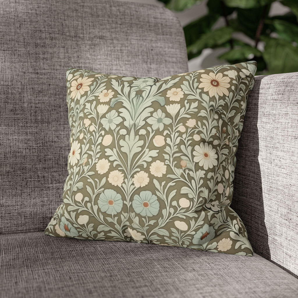 William Morris Inspired Botanical Pillow Cover: Sage, Cream & Peach Floral Pattern Cushion Case