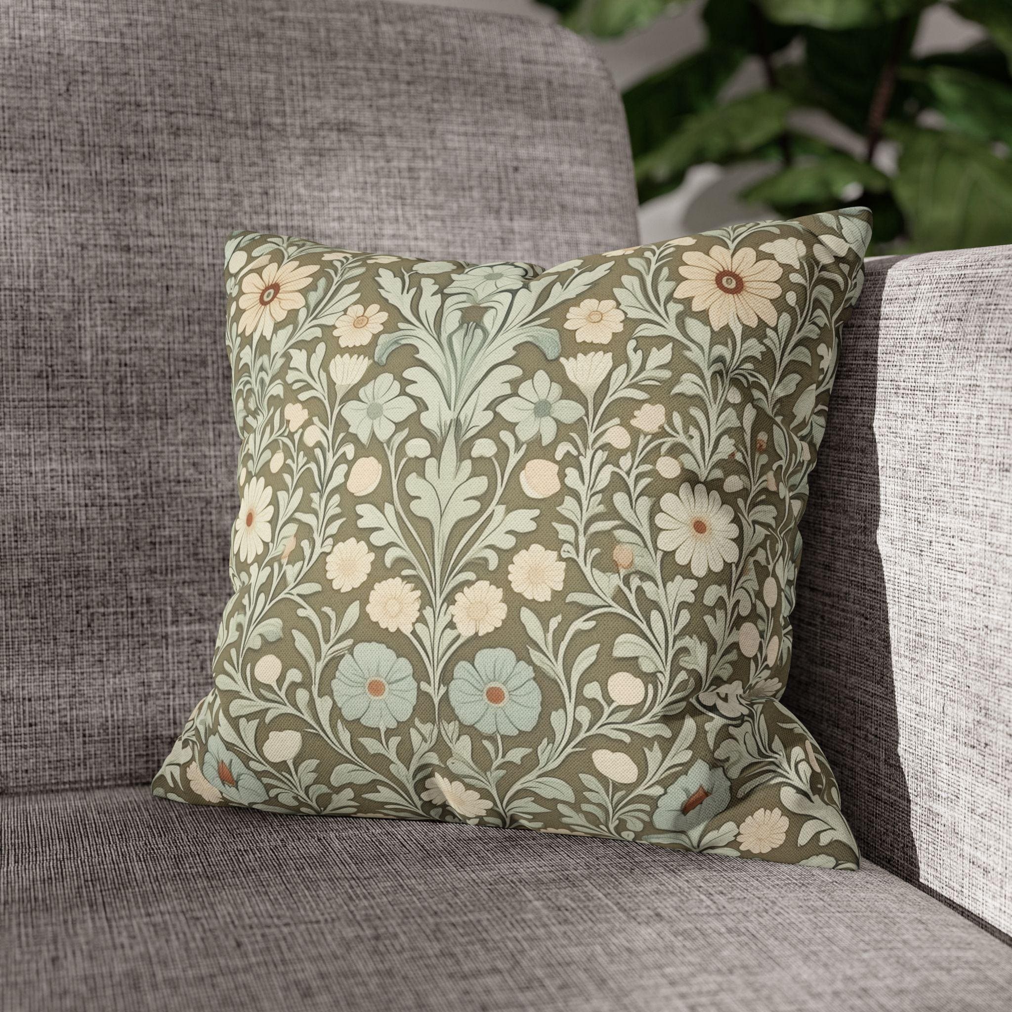 William Morris Inspired Botanical Pillow Cover: Sage, Cream & Peach Floral Pattern Cushion Case