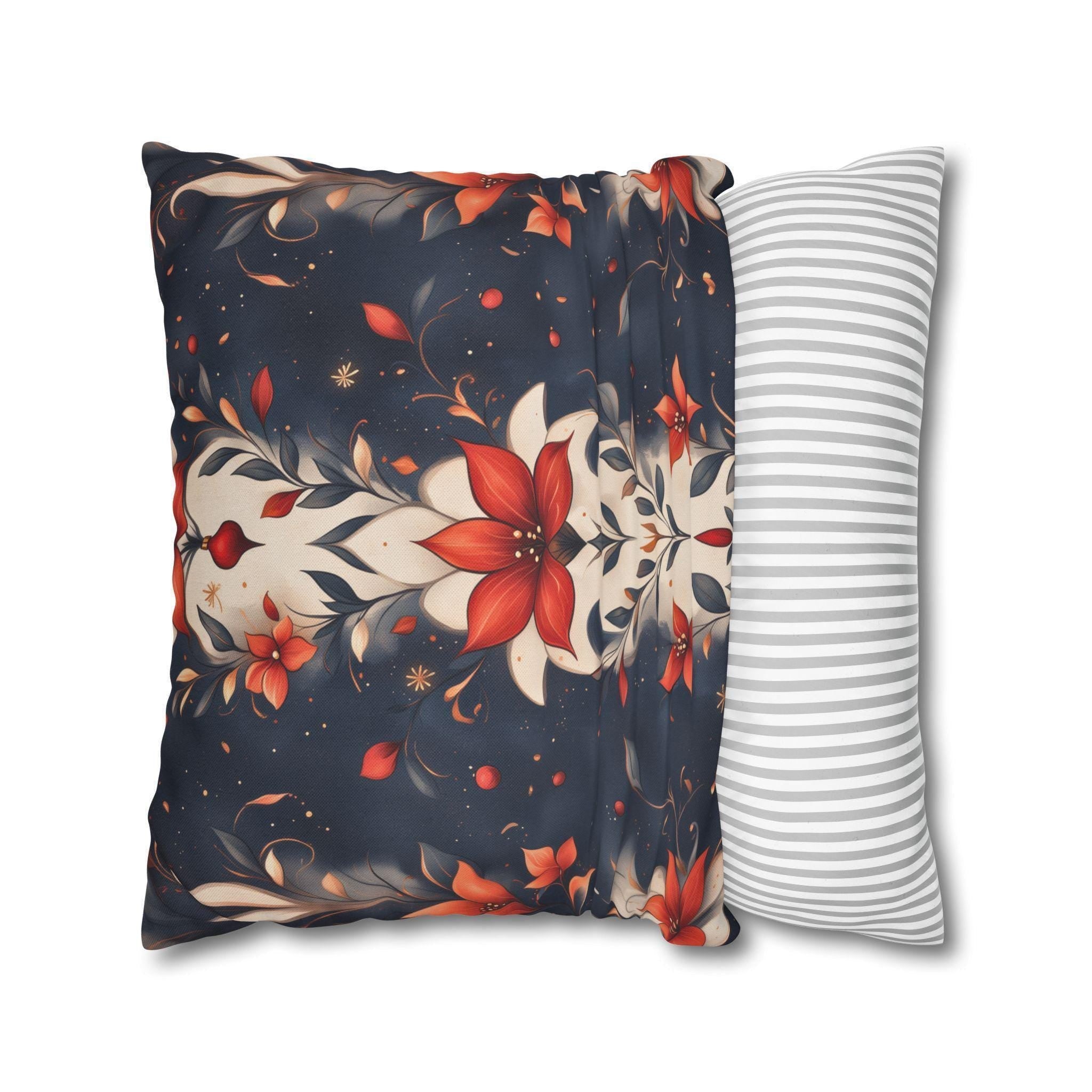 Fleur de Lis Poinsettia Pillow Cover, Holiday Floral on Navy