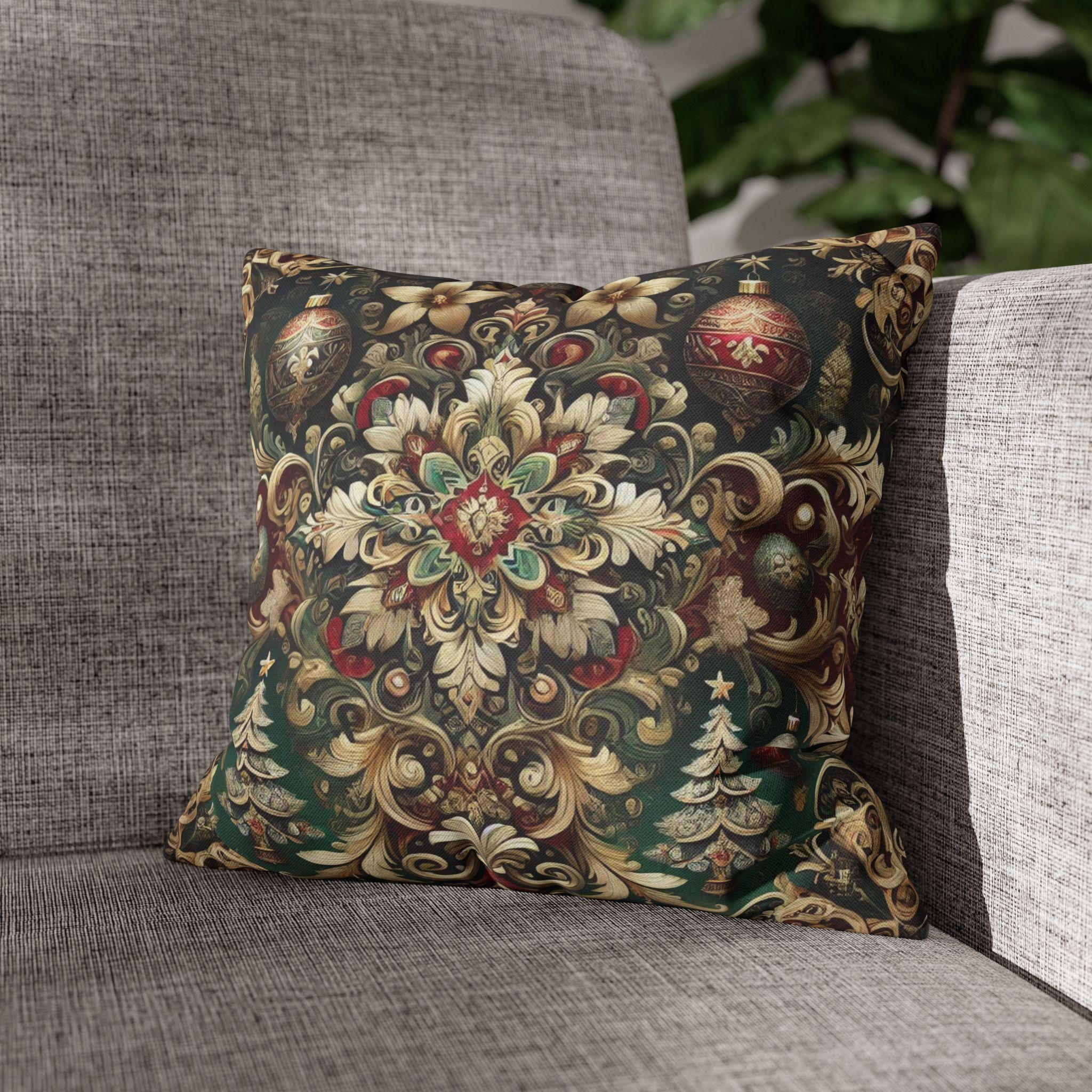 Baroque Christmas Square Pillow Cover, Gold Red Green Ornaments, Vintage Style Luxury Design Pillowcase