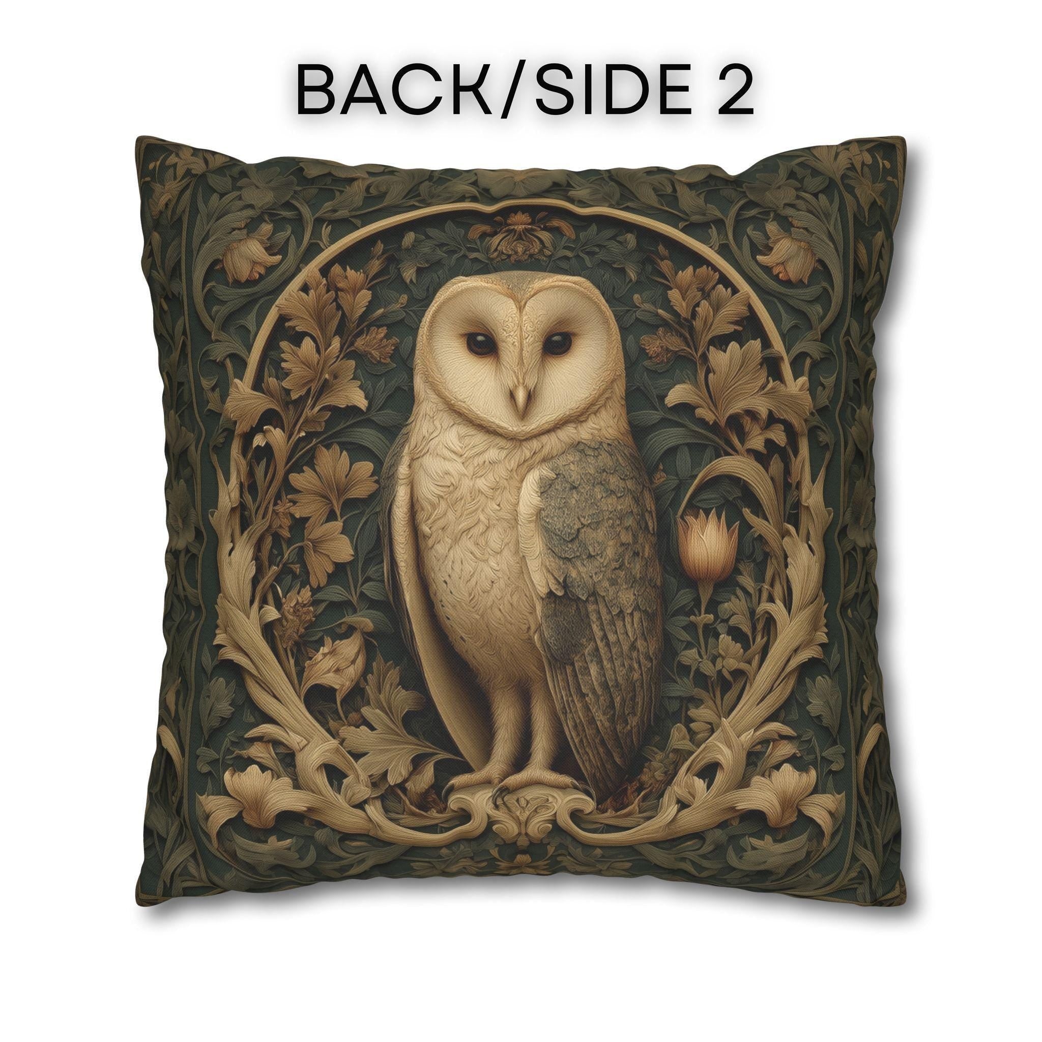 William Morris Style Pillow Cover: Woodland Owl in Moss Green & Antique Gold