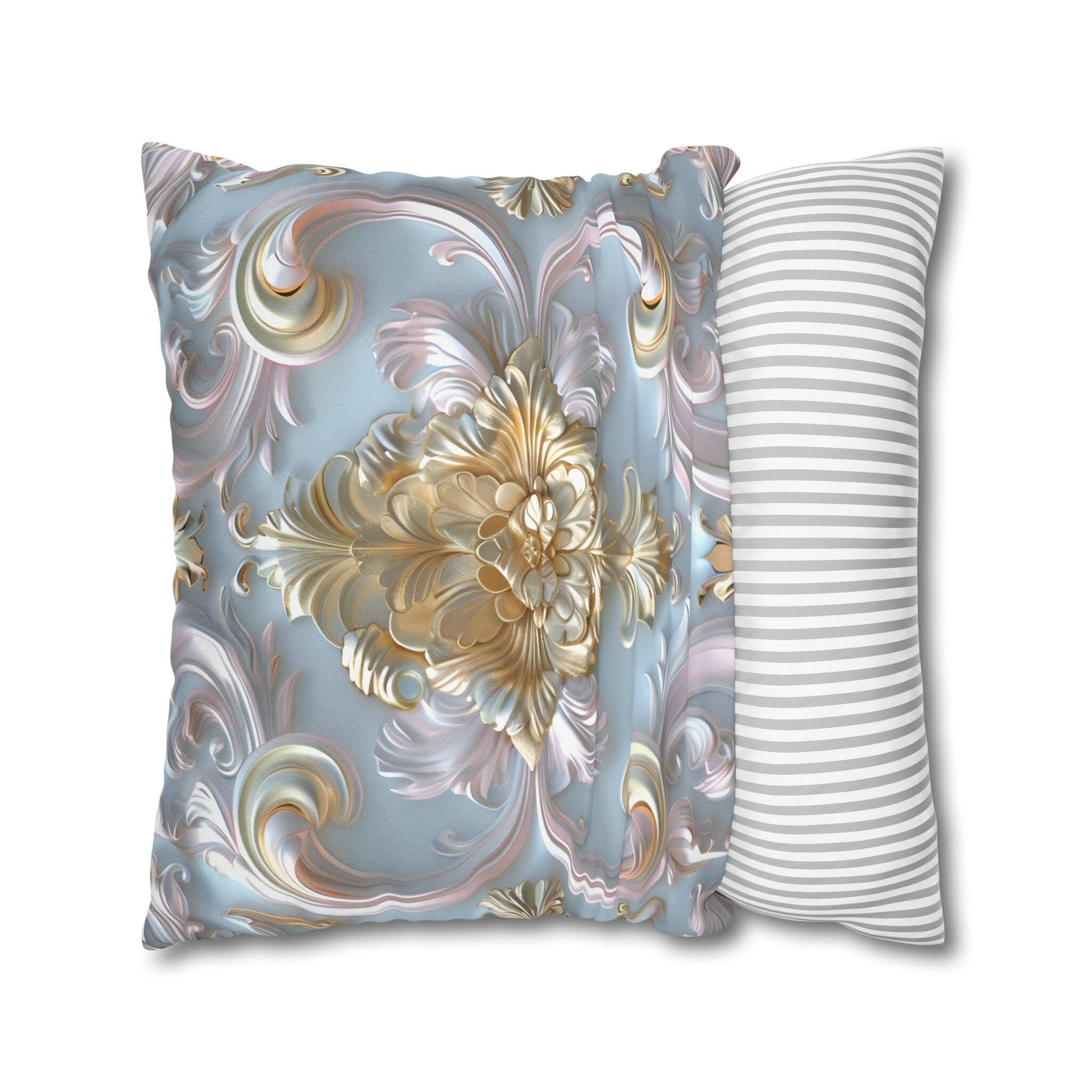 Rococo Coquette Pillow Cover: Pale Gold Floral on Pastel Blue