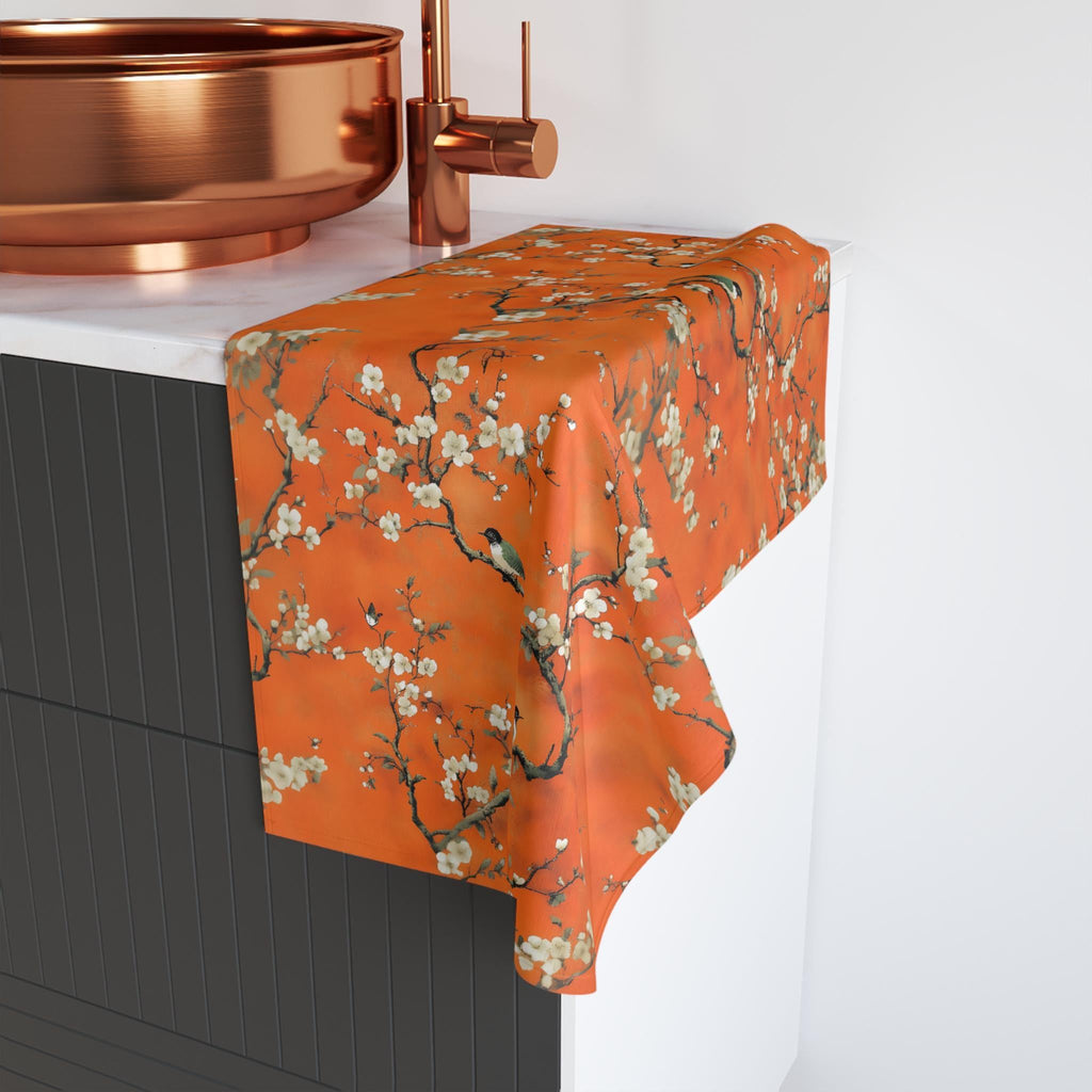 Chinoiserie Hand Towel: Burnt Orange with Blossoms and Birds for Asian-Inspired Decor
