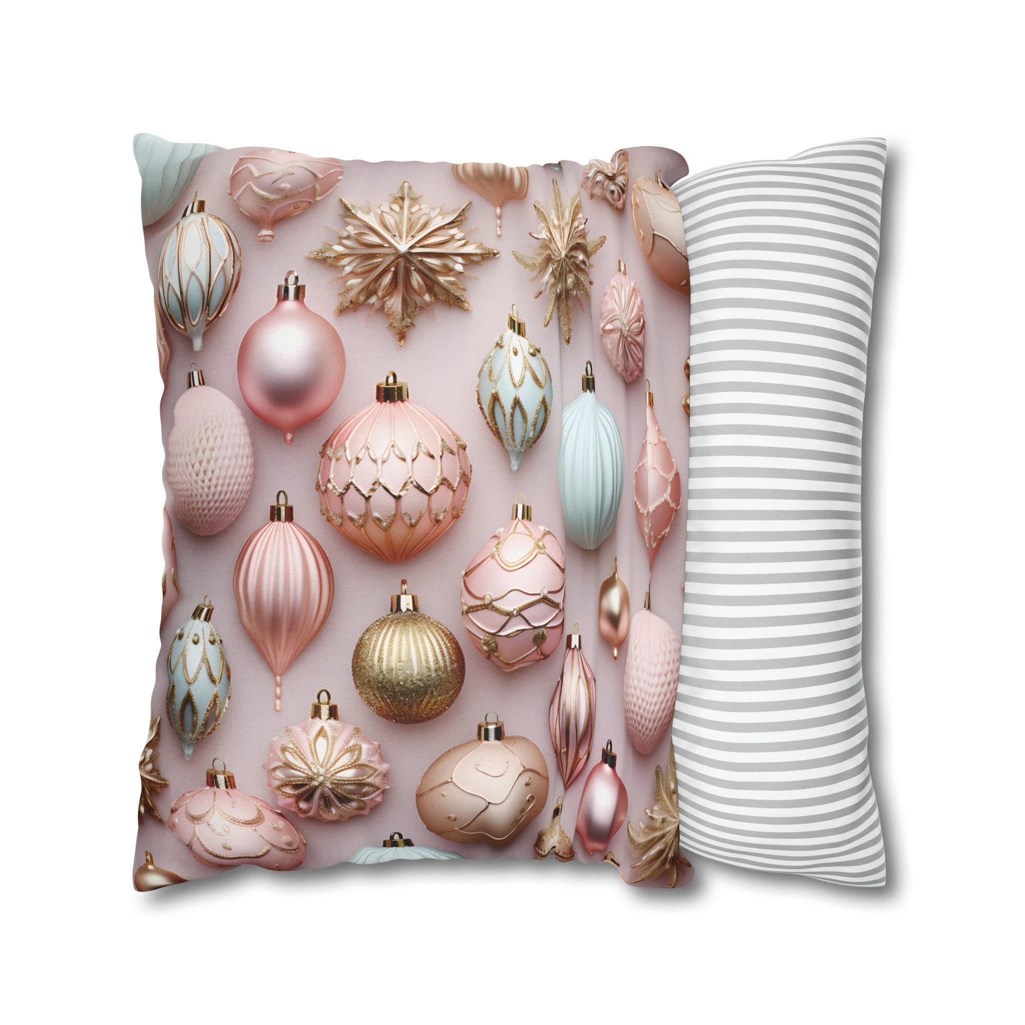 Pastel Holiday Ornaments Pillow Cover: Shimmer & Pink Pattern for Festive Elegance