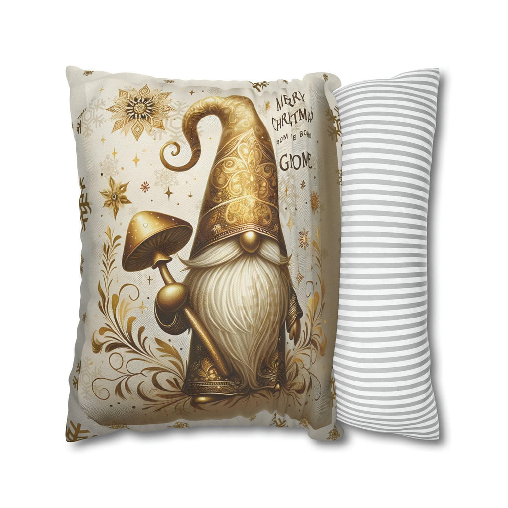 Boho Christmas Gnome Pillow Cover: Festive Gold Design on Cream Background for Holiday Decor
