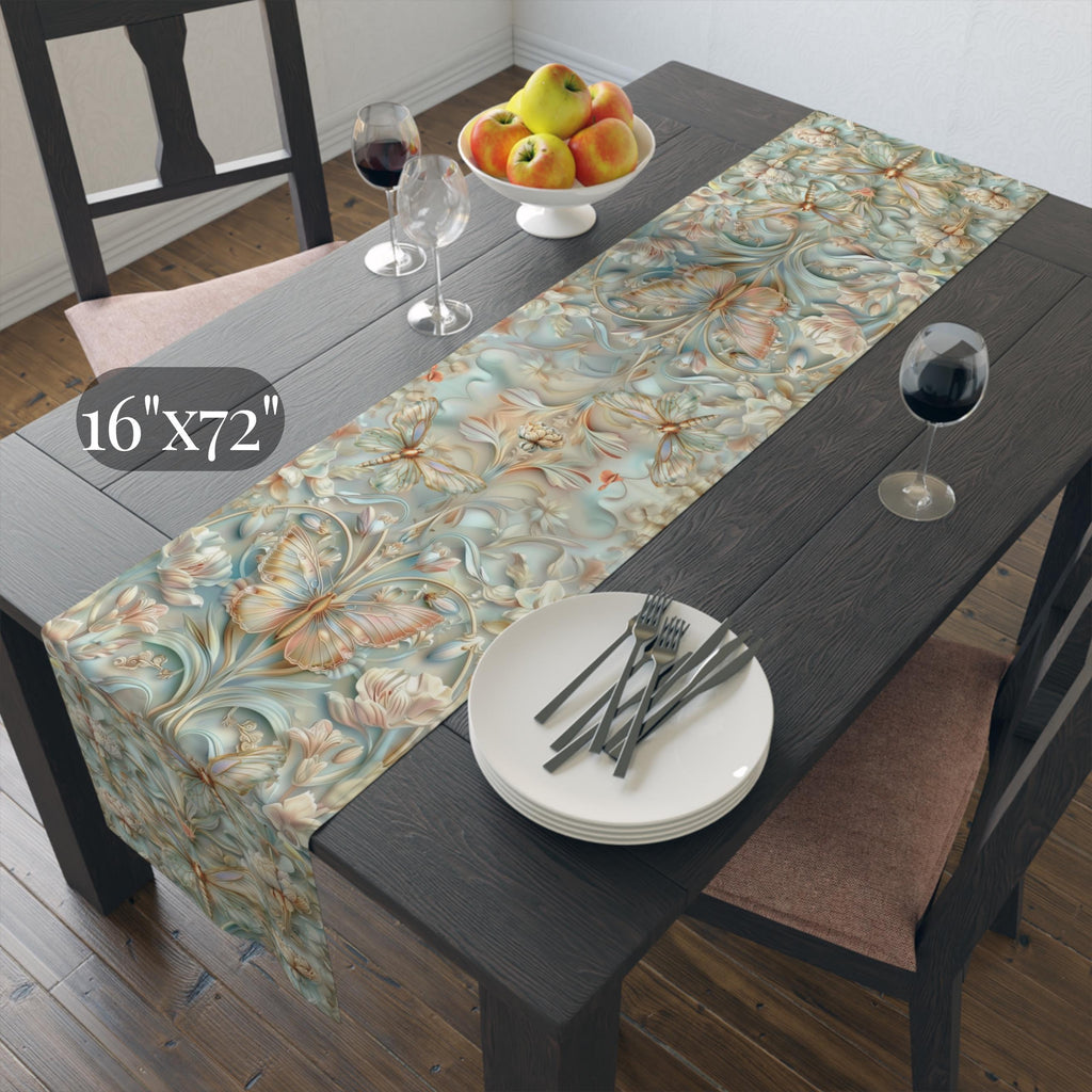 William Morris Table Runner: Celadon Aqua Pastel Floral Butterfly Design