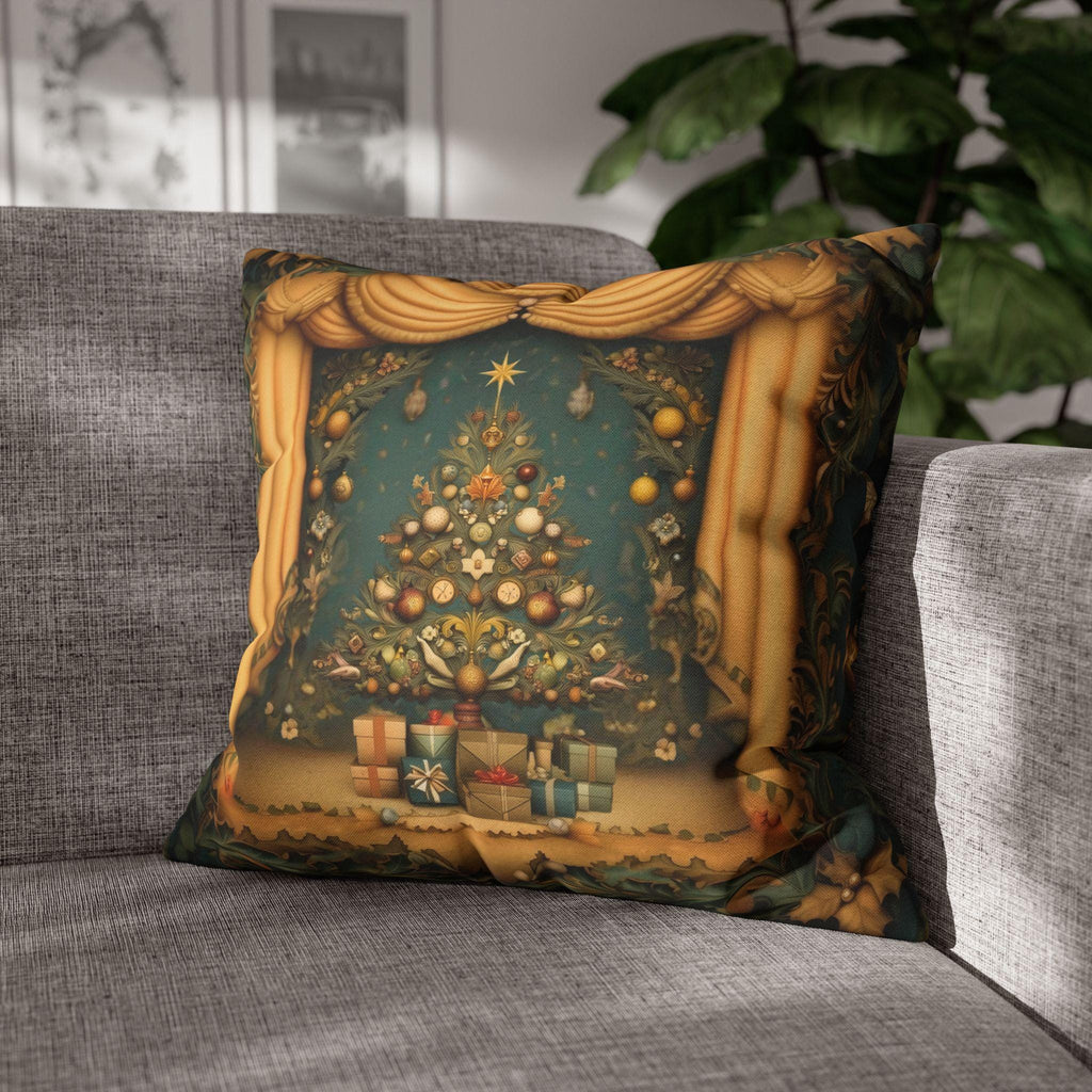 Vintage Art Nouveau Christmas Pillow Cover: Theatrical Tree, Golden Curtains, and Wrapped Gifts