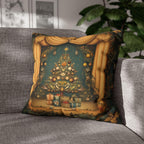 Vintage Art Nouveau Christmas Pillow Cover: Theatrical Tree, Golden Curtains, and Wrapped Gifts