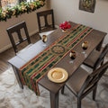 Gold Damask Christmas Table Runner: Emerald Tartan Bands & Medallion Accent