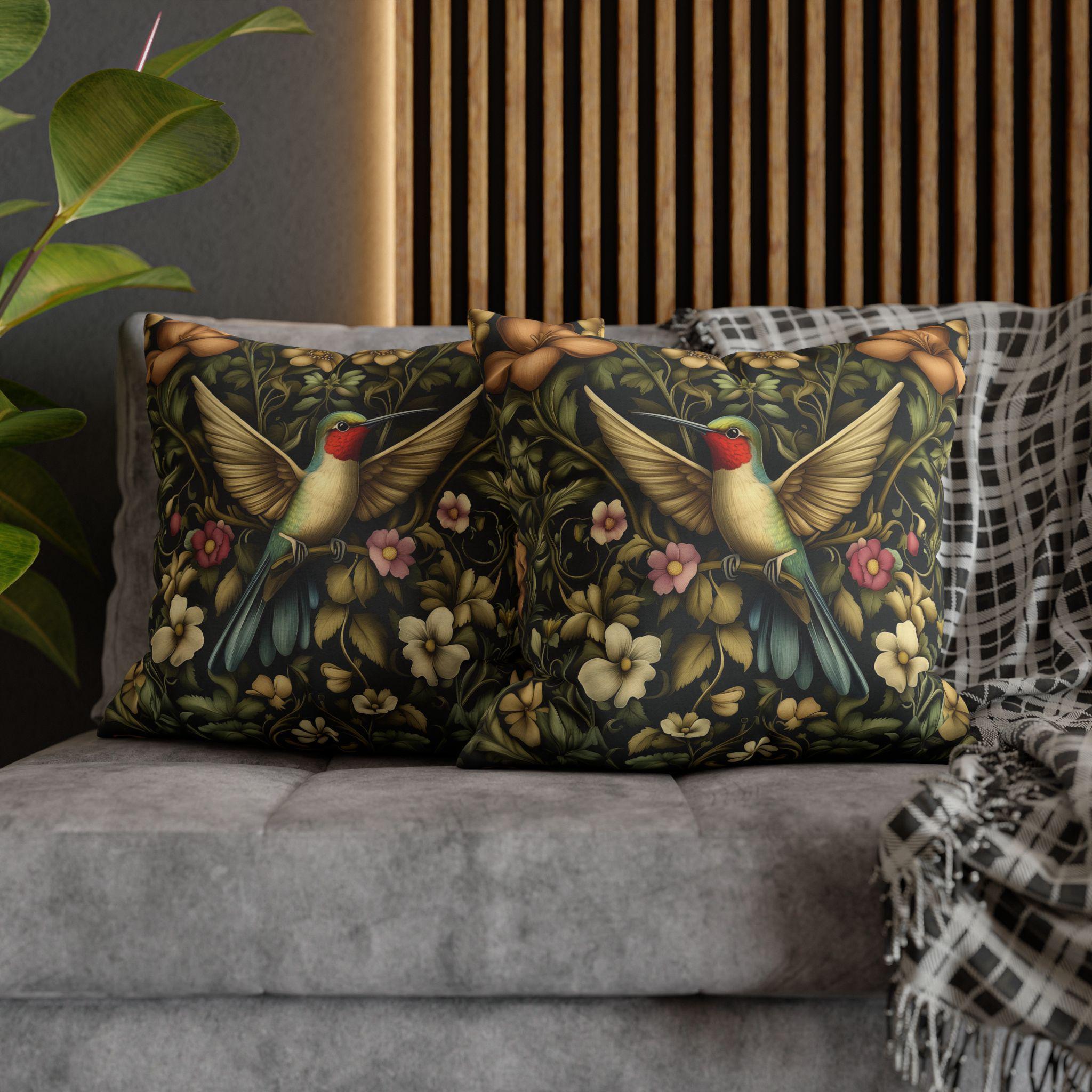William Morris Inspired Hummingbird Floral Pillow Cover: Arts and Crafts Garden Accent