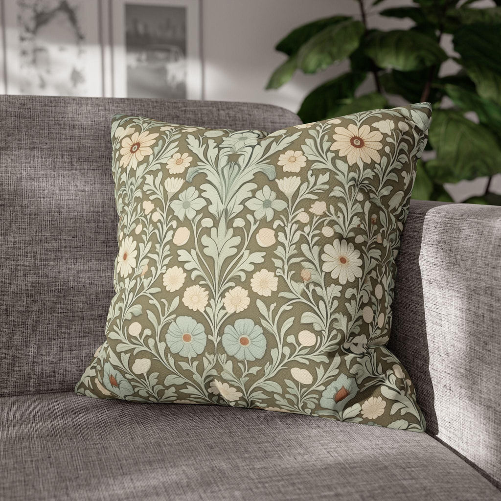 William Morris Inspired Botanical Pillow Cover: Sage, Cream & Peach Floral Pattern Cushion Case