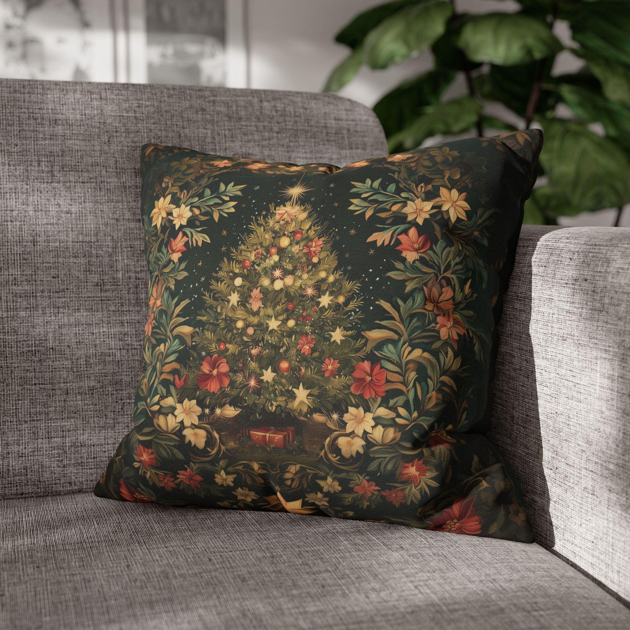 William Morris Christmas Tree Pillow Cover, Deep Green Holiday Decorative Cushion